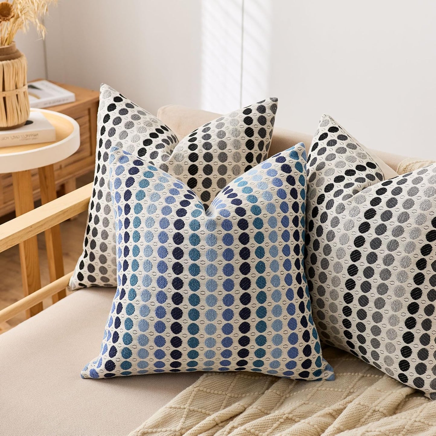 Boho Throw Pillow Covers 18X18 Set of 2, Geometric Polka Dots Decorative Pillowcases for Couch, Sofa, Bed & Living Room,Gray White Neutral Textured Accent Home Decor