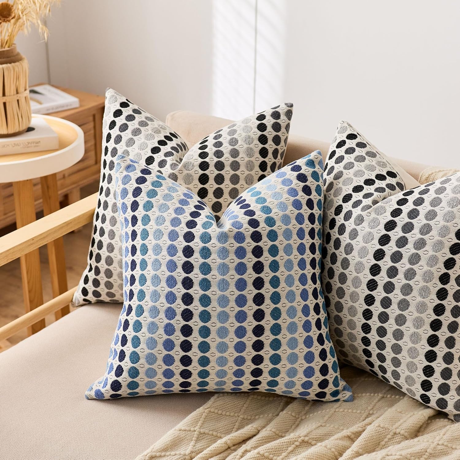 Boho Throw Pillow Covers 18X18 Set of 2, Geometric Polka Dots Decorative Pillowcases for Couch, Sofa, Bed & Living Room,Gray White Neutral Textured Accent Home Decor