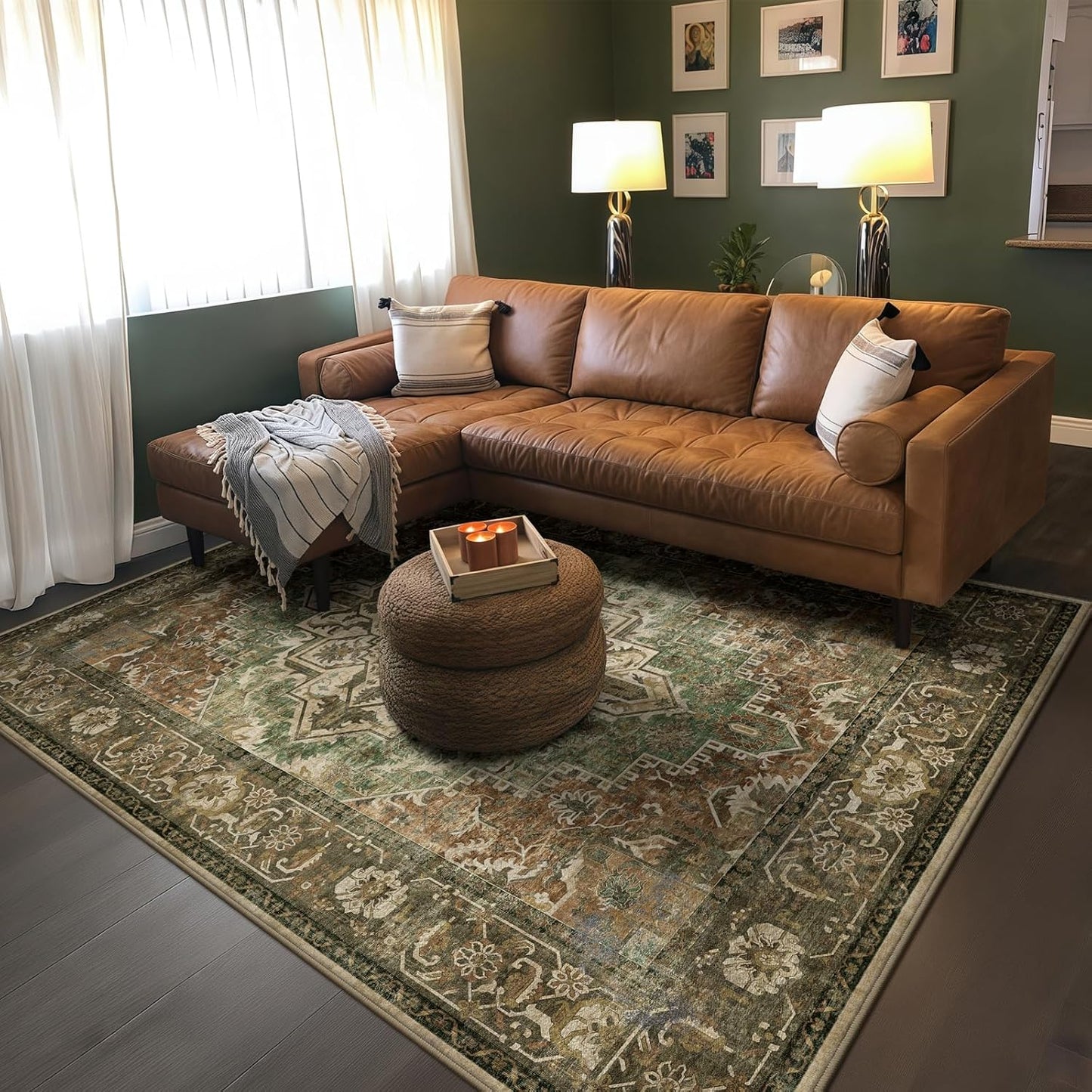 Green Vintage Floral Washable 5X7 Area Rug Non-Slip