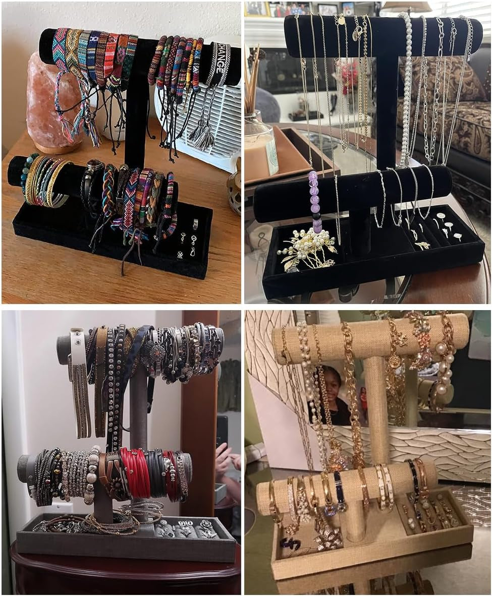 2 Tier Necklace Bracelet Holder Organizer with Ring Tray, (Gray Linen)