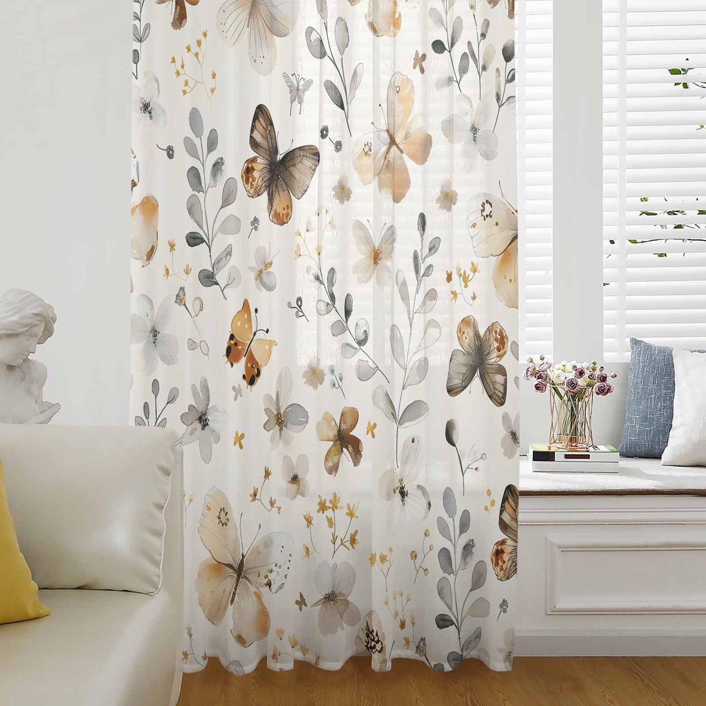 Retro Spring Floral Semi Sheer Curtains Drapes, French Doors Window 63 Inches Long, Brown Butterfly Botanical Rod Pocket Chiffon Curtain Drapery Voile Draperies Panel