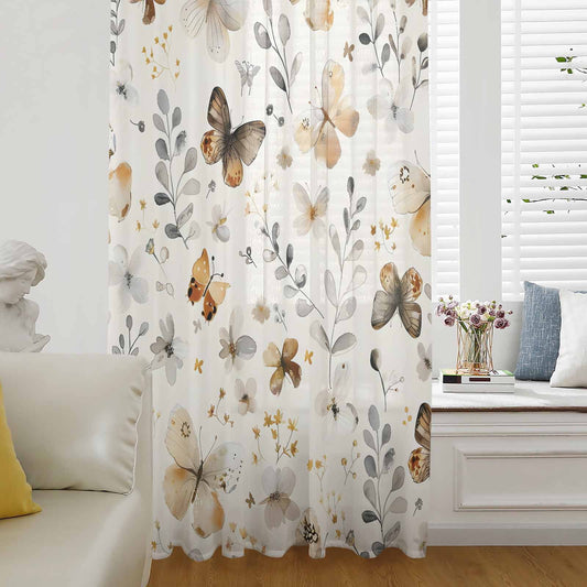 Retro Spring Floral Semi Sheer Curtains Drapes, French Doors Window 63 Inches Long, Brown Butterfly Botanical Rod Pocket Chiffon Curtain Drapery Voile Draperies Panel