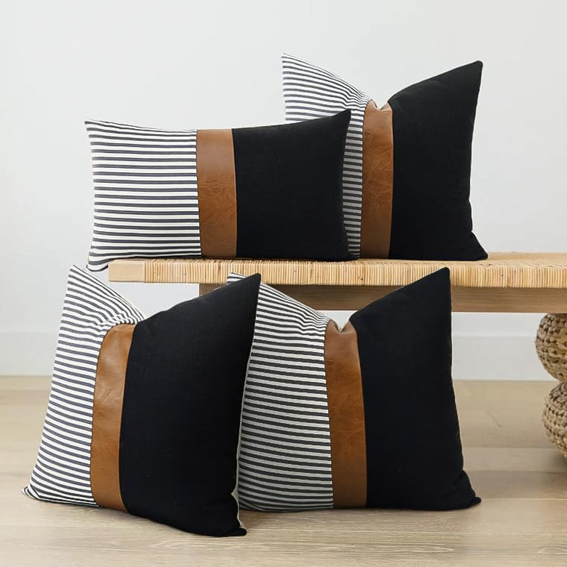 20X20 Pillow Covers Set of 2 Farmhouse Decor Stripe Patchwork Linen Modern Faux Leather, Gray