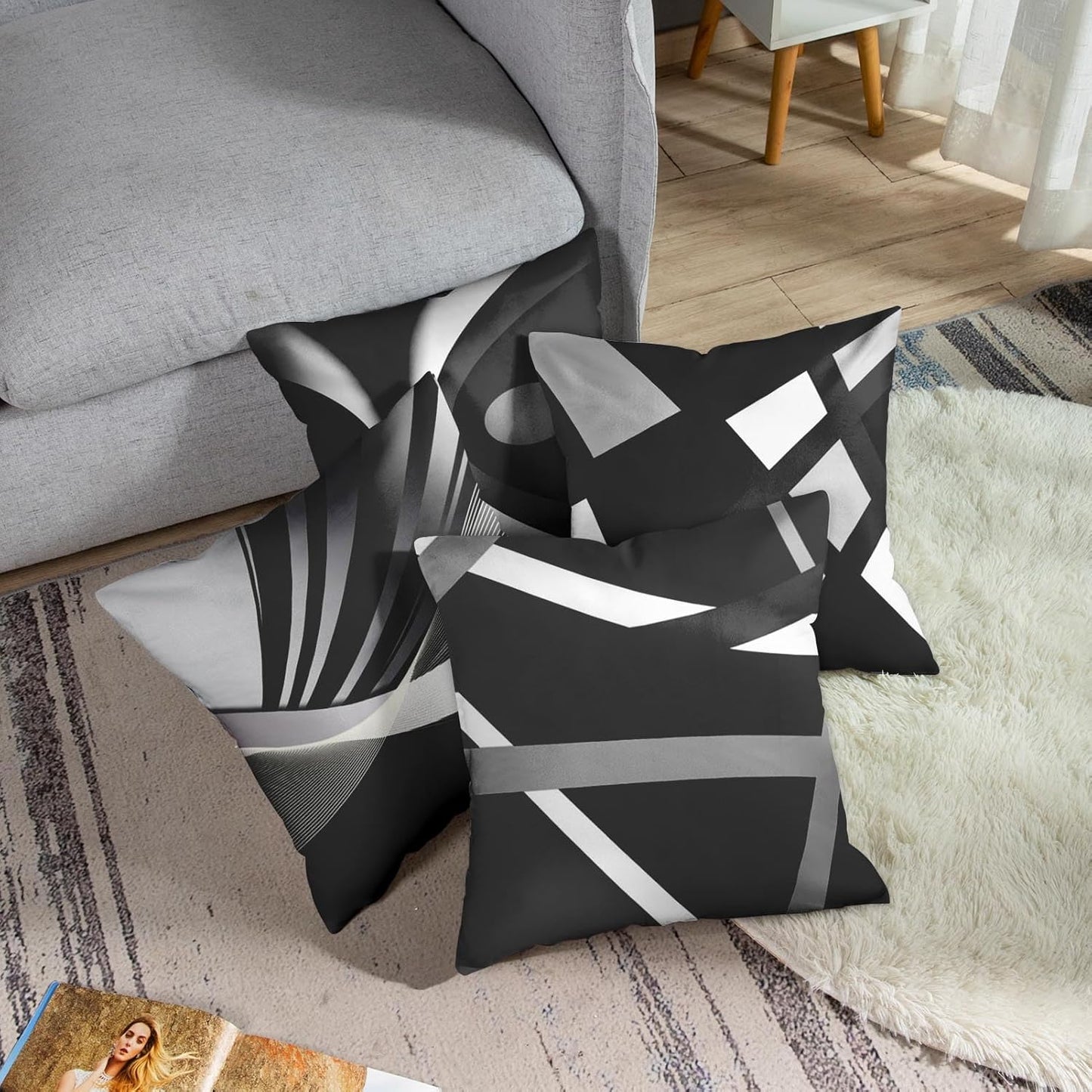 Set of 4 Black Throw Pillow Covers Modern Abstract Grey & White Stripes 20X20 Inches 