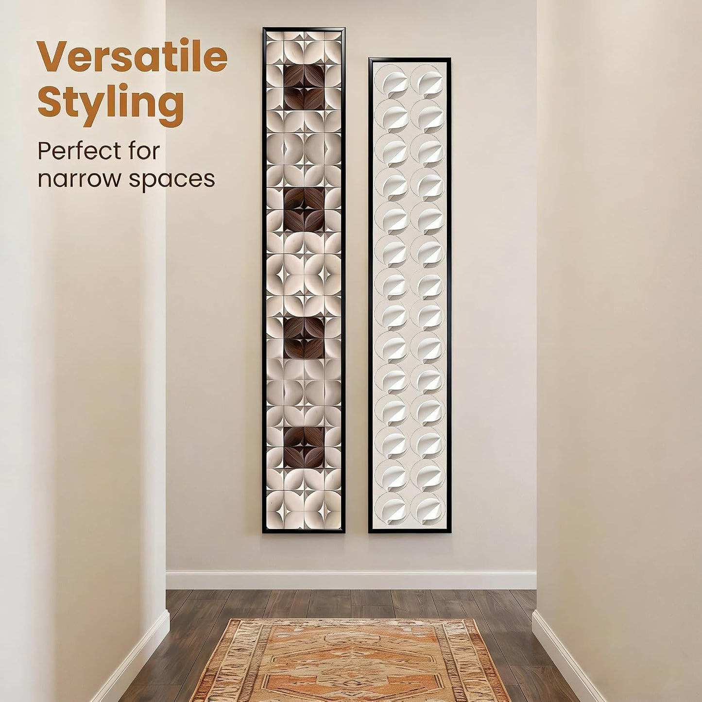2Pcs Narrow Neutral Geometric Wood Art, Alu Frame Gloss Hallway 