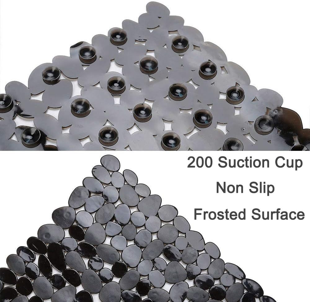 Non-Slip Pebble Bathtub Mat Black 16 W X 35 L Inches (For Smooth/Non-Textured Tubs Only) Safe Shower Mat with Drain Holes, Suction Cups for Bathroom
