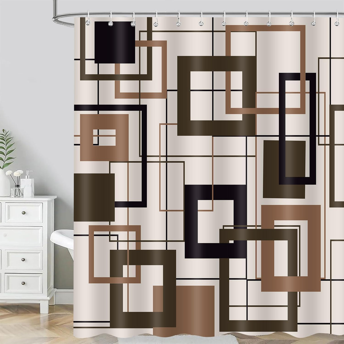 Brown Geometric Shower Curtain Mid Century Modern Abstract Dark Brown and Black Checkered Bathroom Curtain Decor 72X72Inch