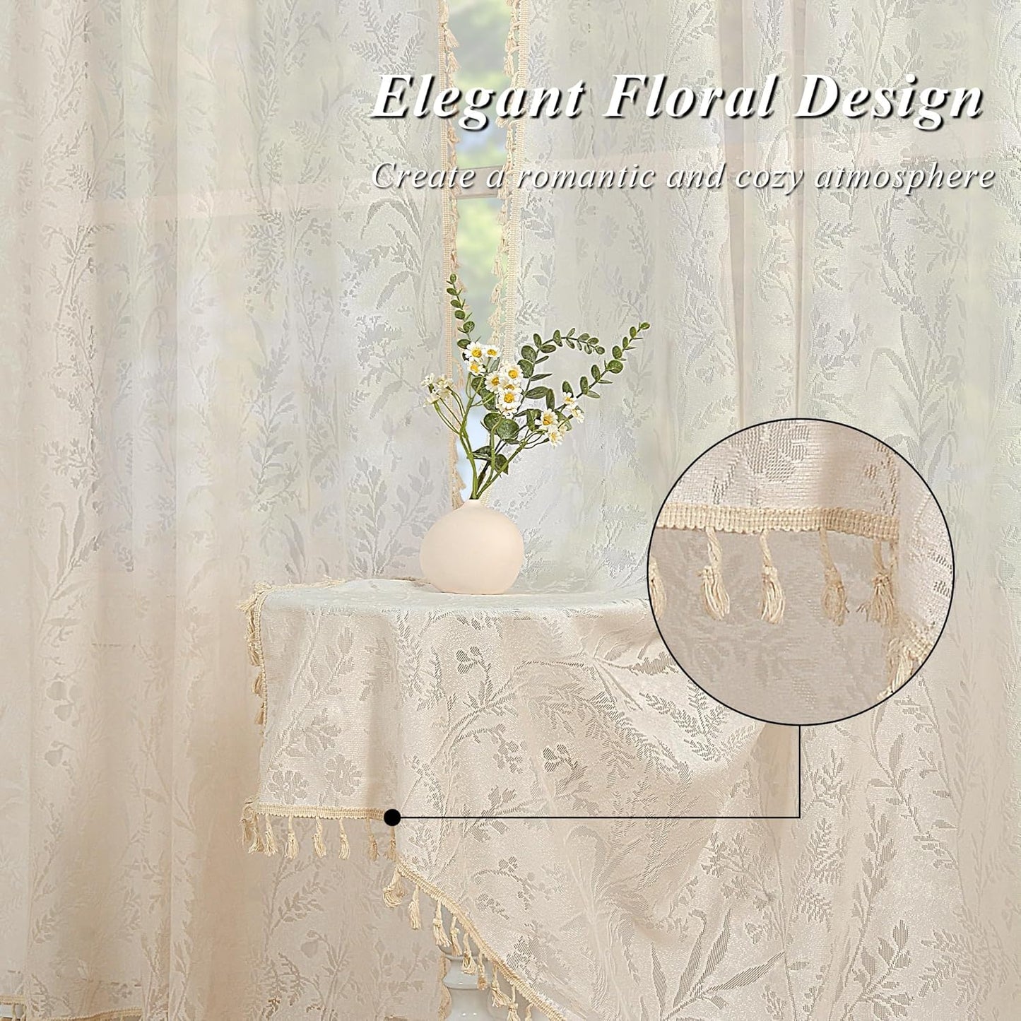 Boho Lace Curtains 84 Inch Length 2 Panels Beige Sheer Floral Leaf with Tassels, Semi Blackout Privacy Curtains 52"X84"