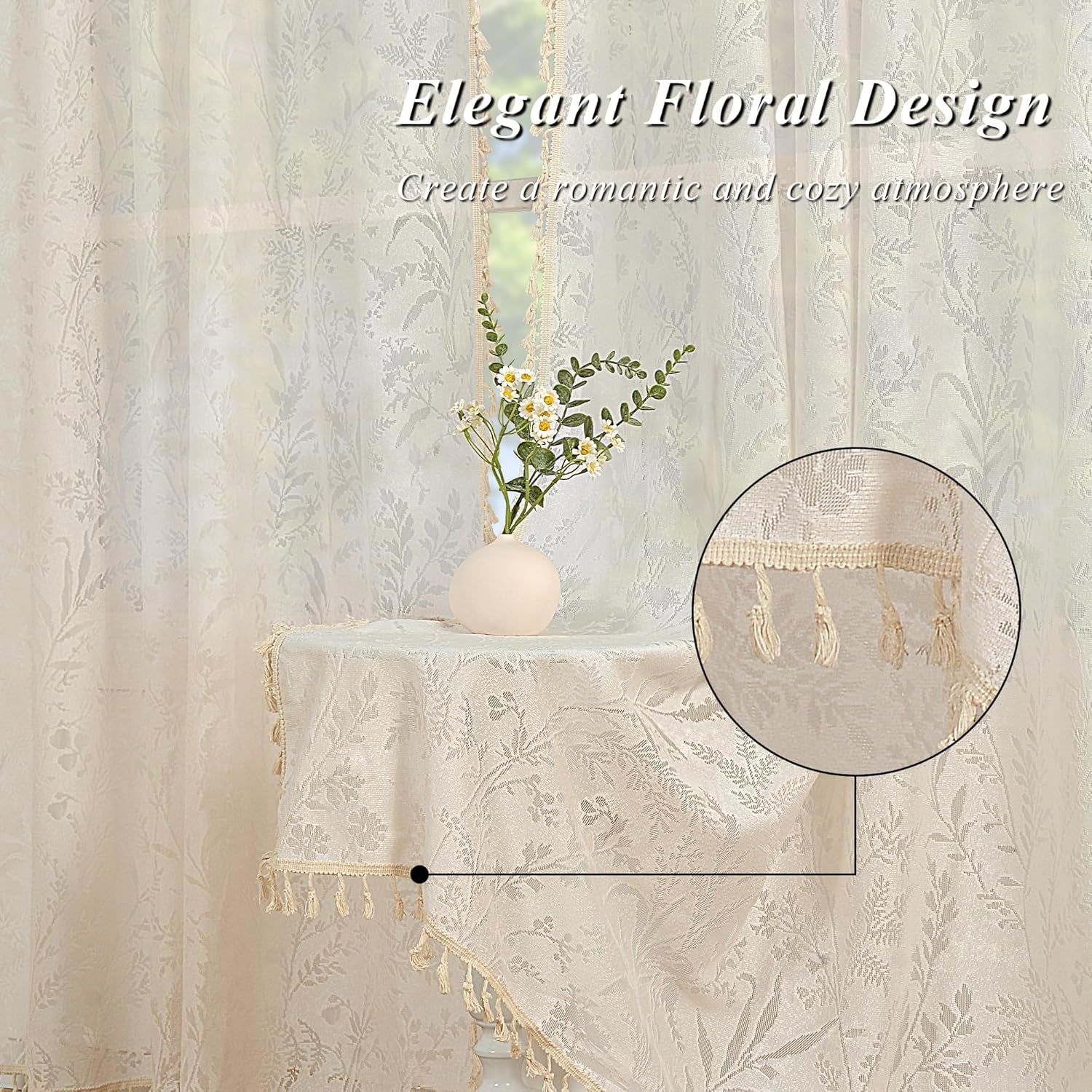 Boho Lace Curtains 84 Inch Length 2 Panels Beige Sheer Floral Leaf with Tassels, Semi Blackout Privacy Curtains 52"X84"