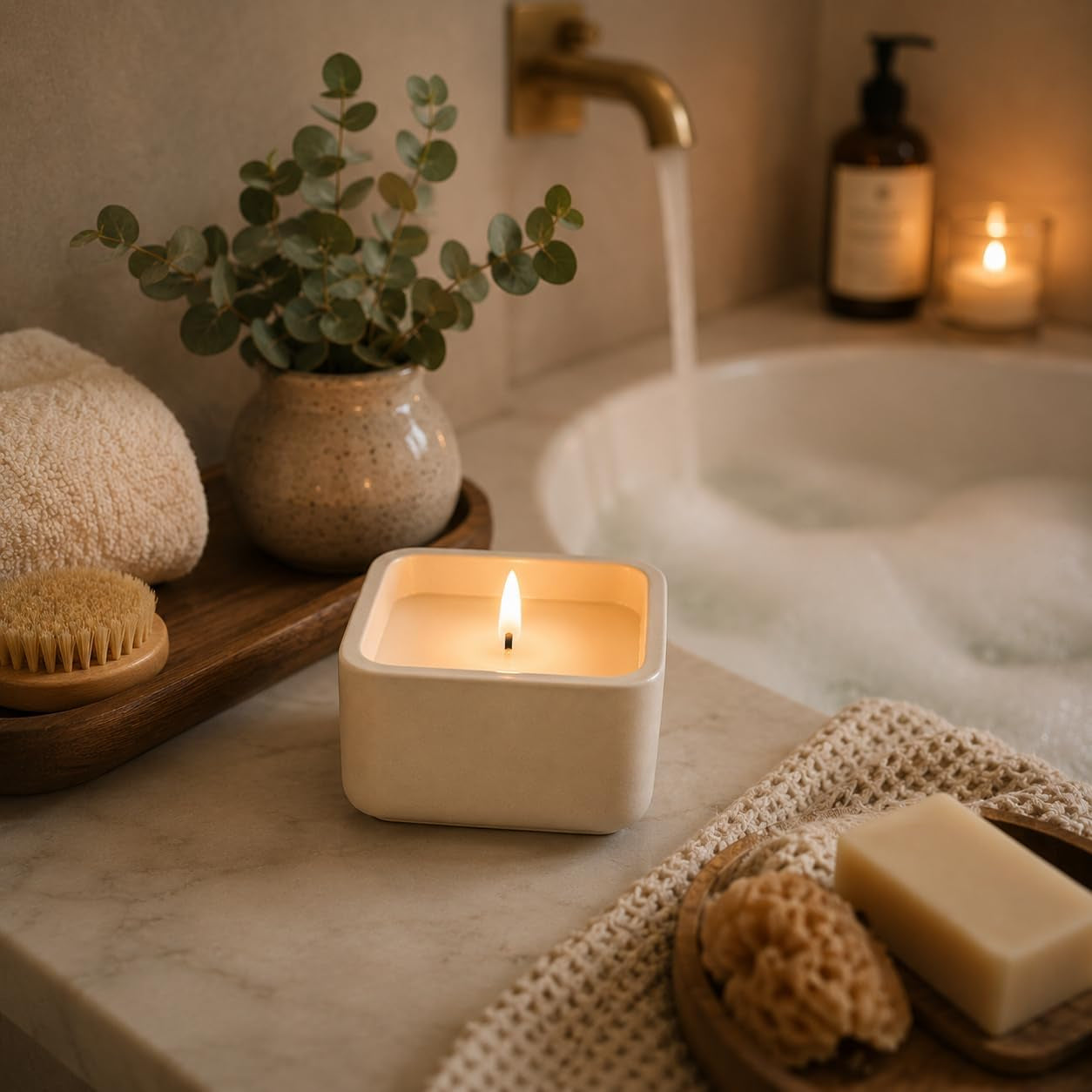 Flameless Square LED Candle with Real Wax in a Cement Base, Battery Operated, 500+ Hours (Ivory)