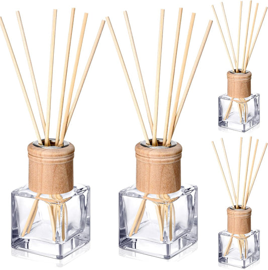 4 Set Reed Diffuser Bottles 50Ml Glass Wooden Caps Rattan Sticks