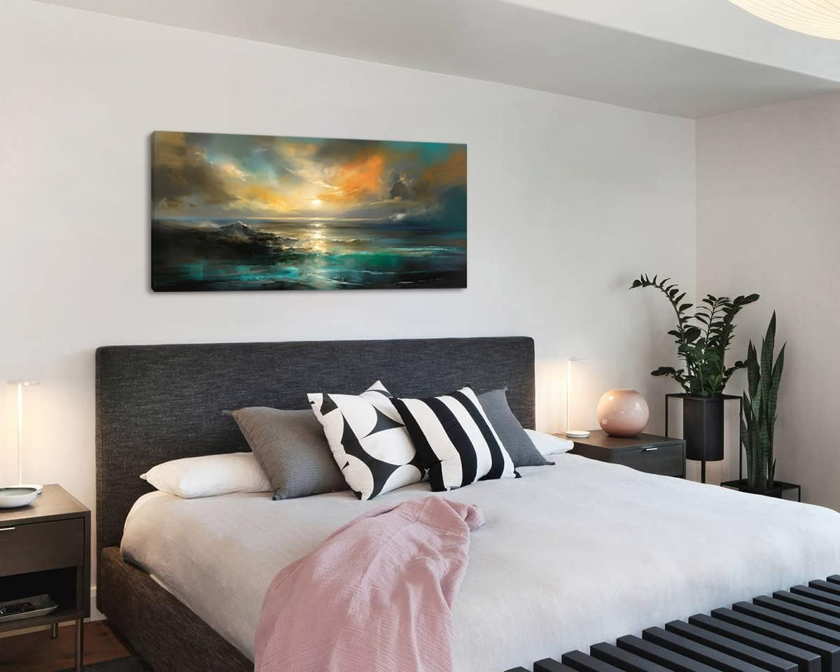 Ocean Sunset Landscape Canvas Wall Art, Frame 20X40 Inches