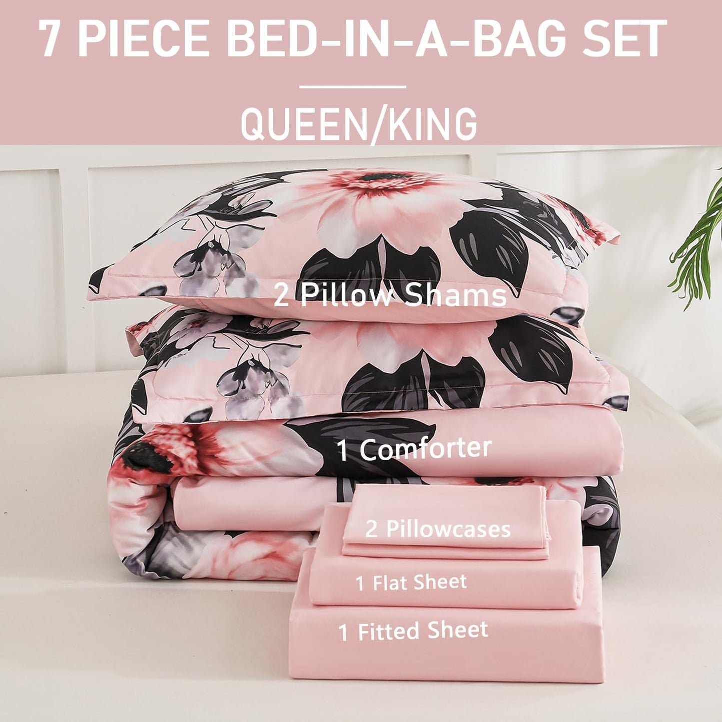 Queen Comforter Set 7 Piece Bed in a Bag, Pink Black Floral Botanical Pattern Blush Bedding Set, with Sheet Set, (Pink Black,Queen)