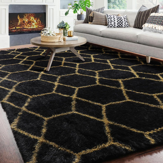 Geometric Thick Fluffy Black and Gold Area Rug, 6X9 