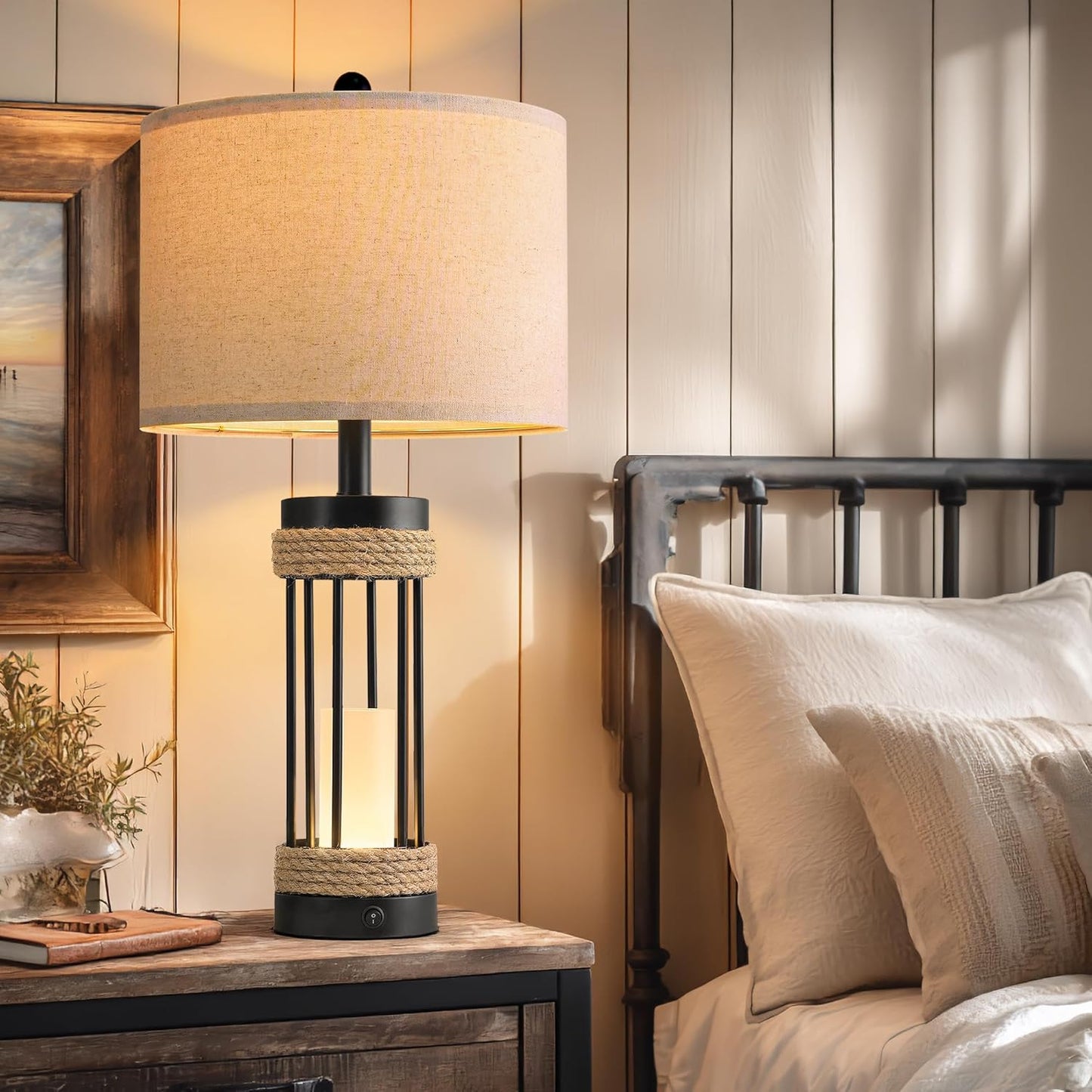 25" Table Lamps Set of 2, Rustic Lamps with USB C+A Charging Ports, Black Metal Lamp with Rope Accent and Frosted Glass