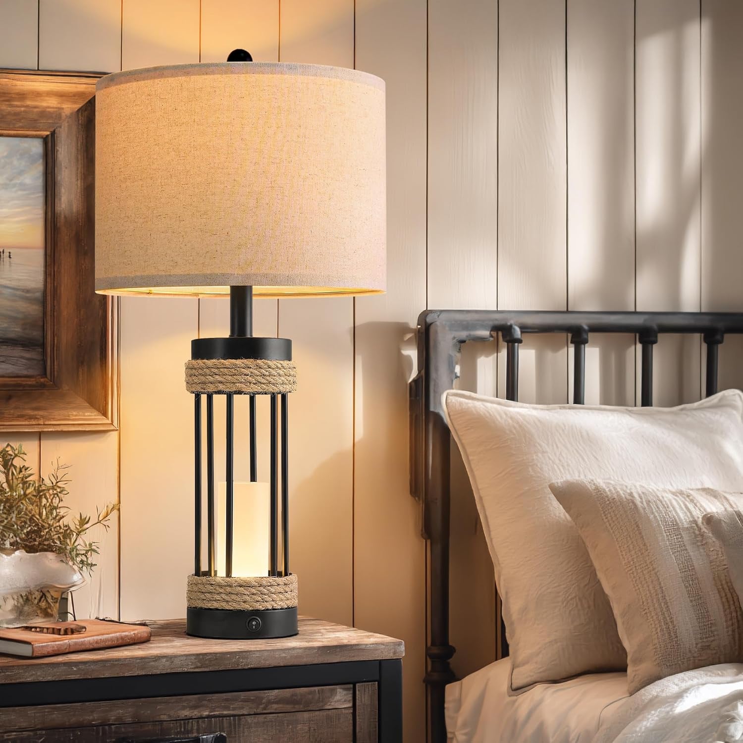 25" Table Lamps Set of 2, Rustic Lamps with USB C+A Charging Ports, Black Metal Lamp with Rope Accent and Frosted Glass