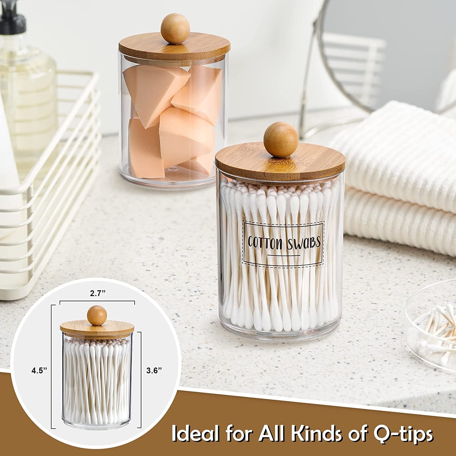4 Pack Qtip Holder Dispenser with Bamboo Lids - 10 Oz Clear Plastic Apothecary Jar 