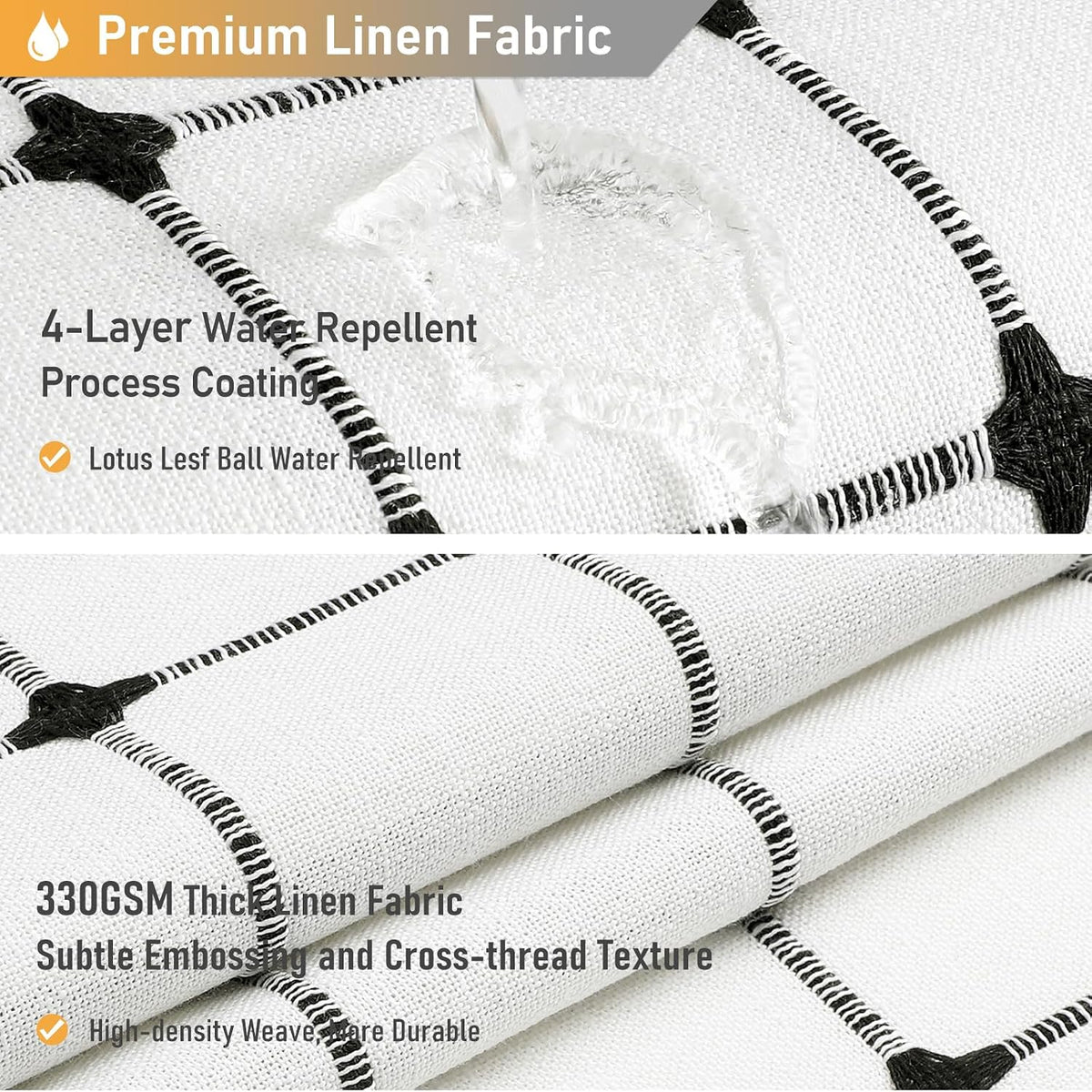 White and Black Long Boho Farmhouse Linen Cloth Shower Curtain, 72X84