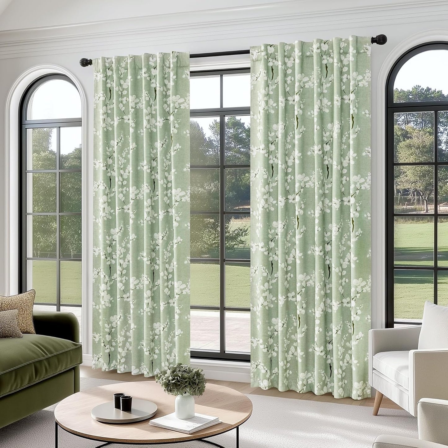 100% Blackout Floral Curtains for Bedroom, Sage Green Curtains 63 Inch Length Blossom Patterned for Living Room, Thermal Insulated Farmhouse Drapes, Rod Pocket 2 Panels (White on Green)