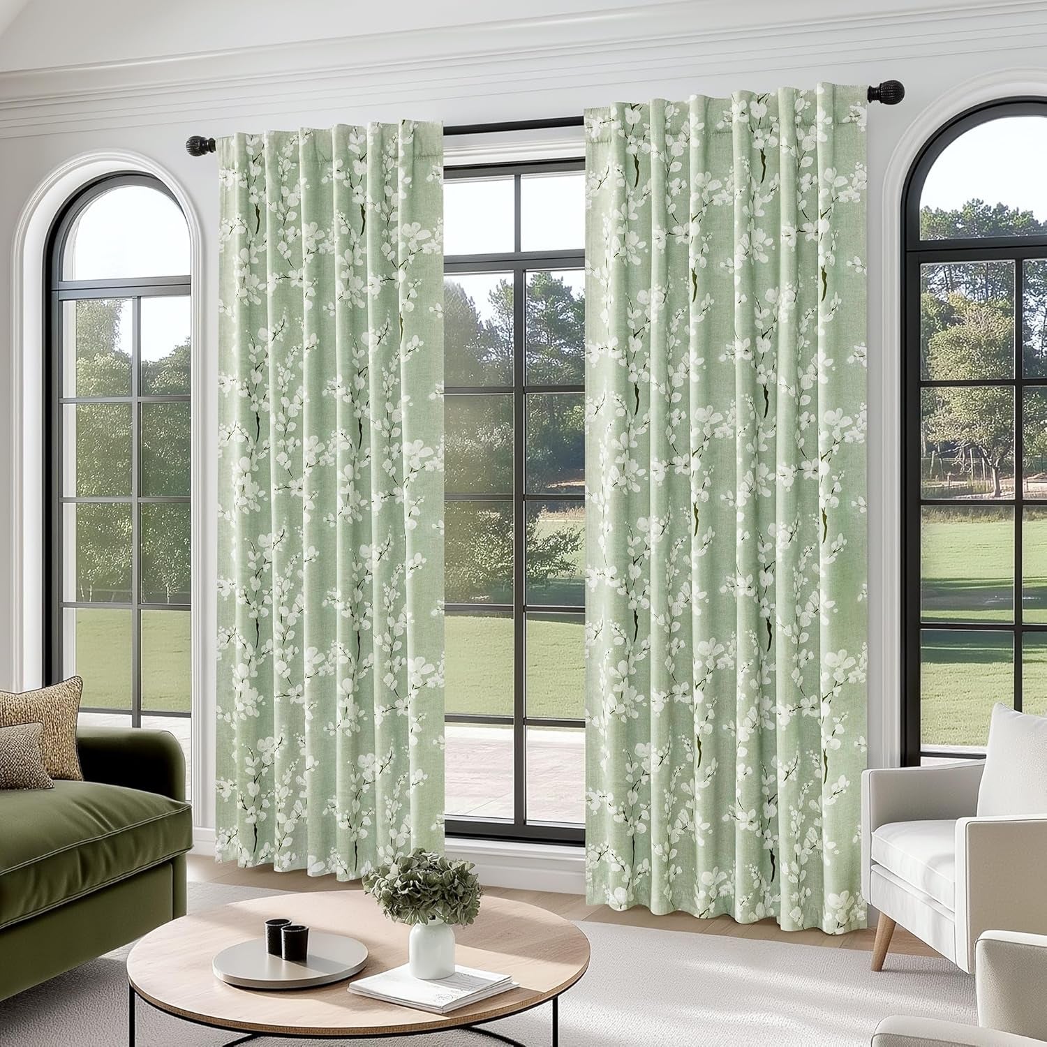 100% Blackout Floral Curtains for Bedroom, Sage Green Curtains 63 Inch Length Blossom Patterned for Living Room, Thermal Insulated Farmhouse Drapes, Rod Pocket 2 Panels (White on Green)