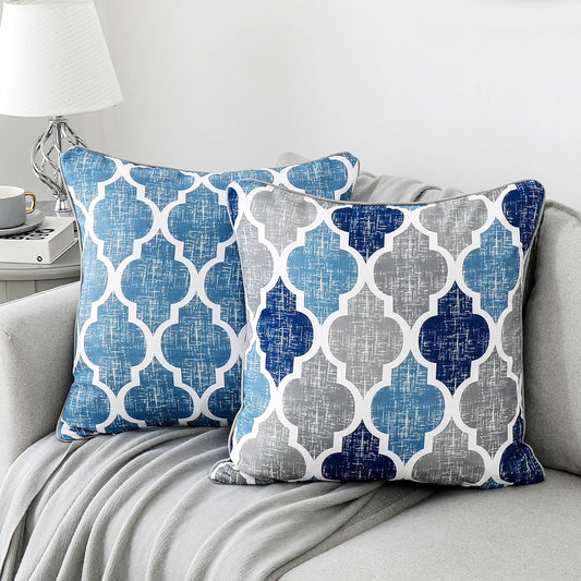 Throw Pillowcover Soft Chenille Print Moroccan Geometric 2-Sided Pattern Blue and Gray 20X20 Inch, Set of 2