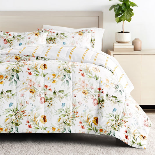- Twinxl Bedding Bundle, Patterned Microfiber Comforter and Solid Sheet Set in Cabbage Chintz Floral Stripe Clay