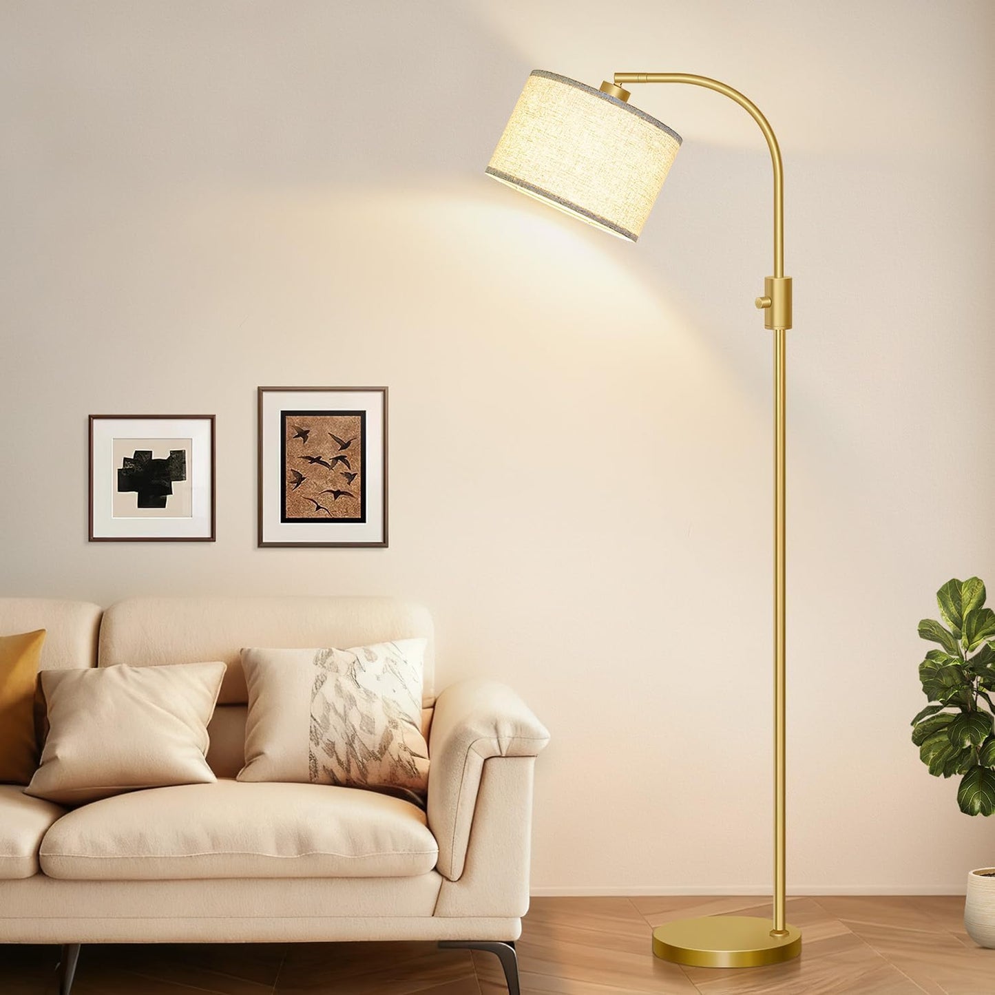 Upgraded Modern Arc Dimmable Tall Standing Floor Lamp with Linen Shade, 1200 Lumens LED Bulb Included, Gold