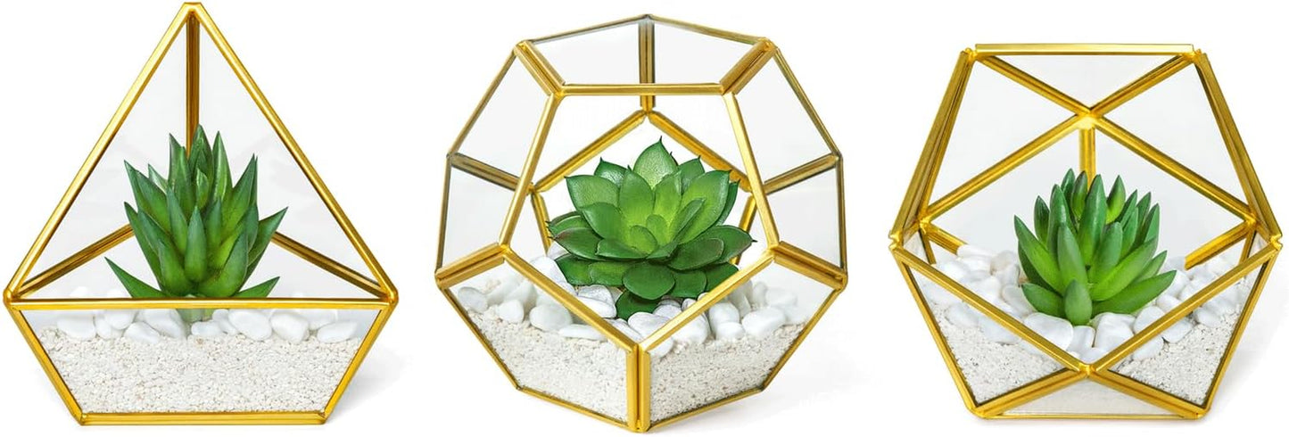 Artificial Succulent in 3 Pack Mini Glass Geometric Terrarium, Miniature Potted Faux Plant Bookshelf Desk, Gold