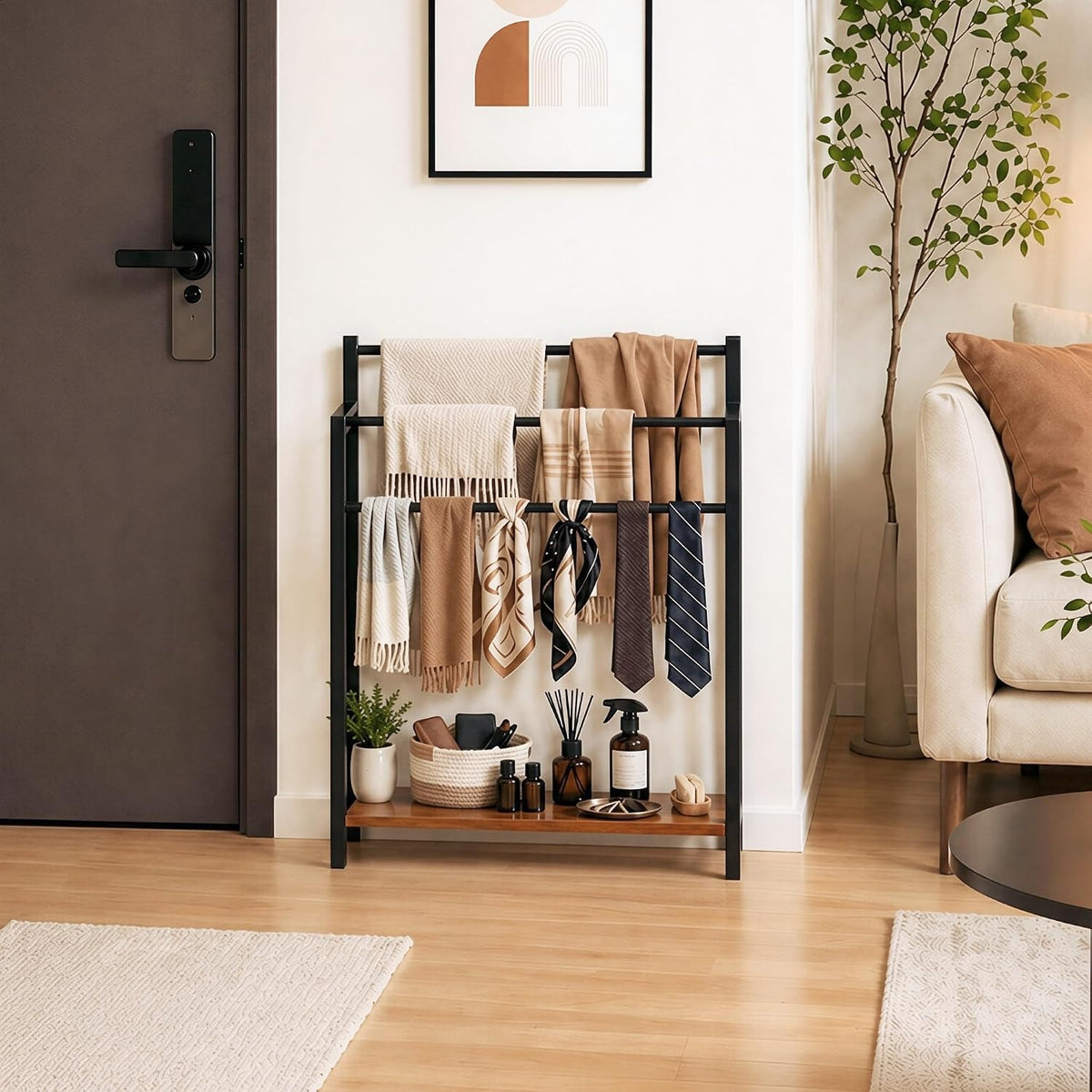 Freestanding Towel Rack with Rustic Brown Wood Shelf 24.8" 