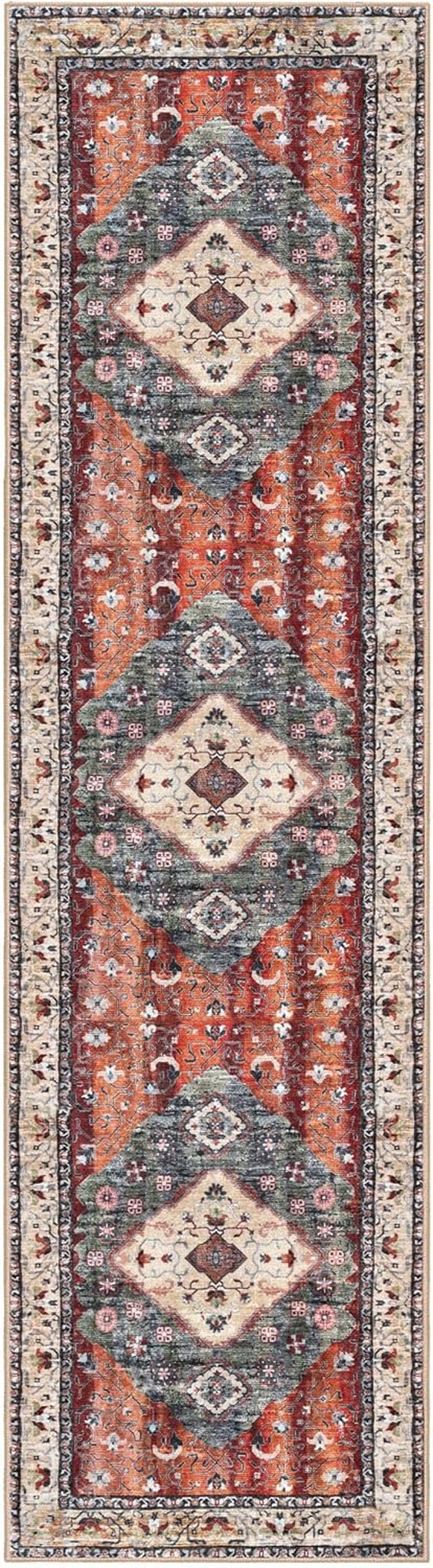 Runners for Hallways 2X8 Ft Entryway Indoor Rust Orange Printed Oriental Faux Wool Floor Carpet