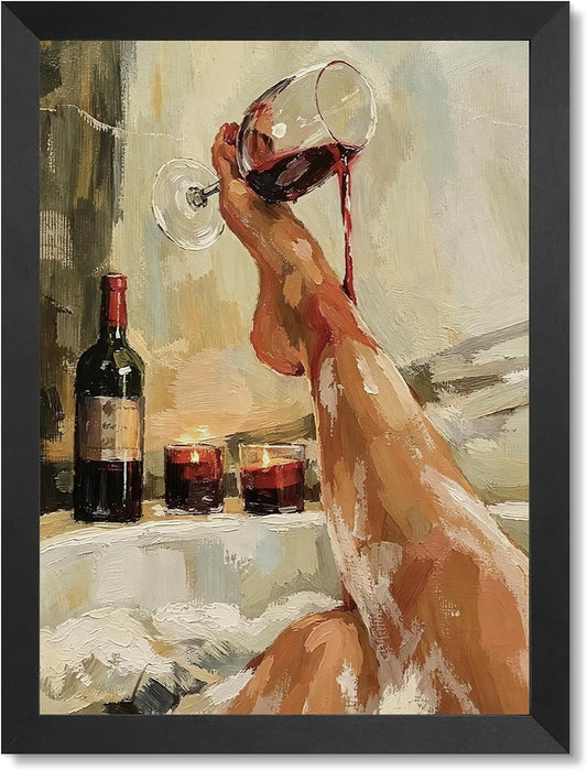 Luxury Bathtub Scene with Wine Glass Wall Art, Elegant Legs & Candlelight Print, Romantic Spa Decor for Master Bath or Bedroom, Black Pine Frame with Adhesive Strips Included