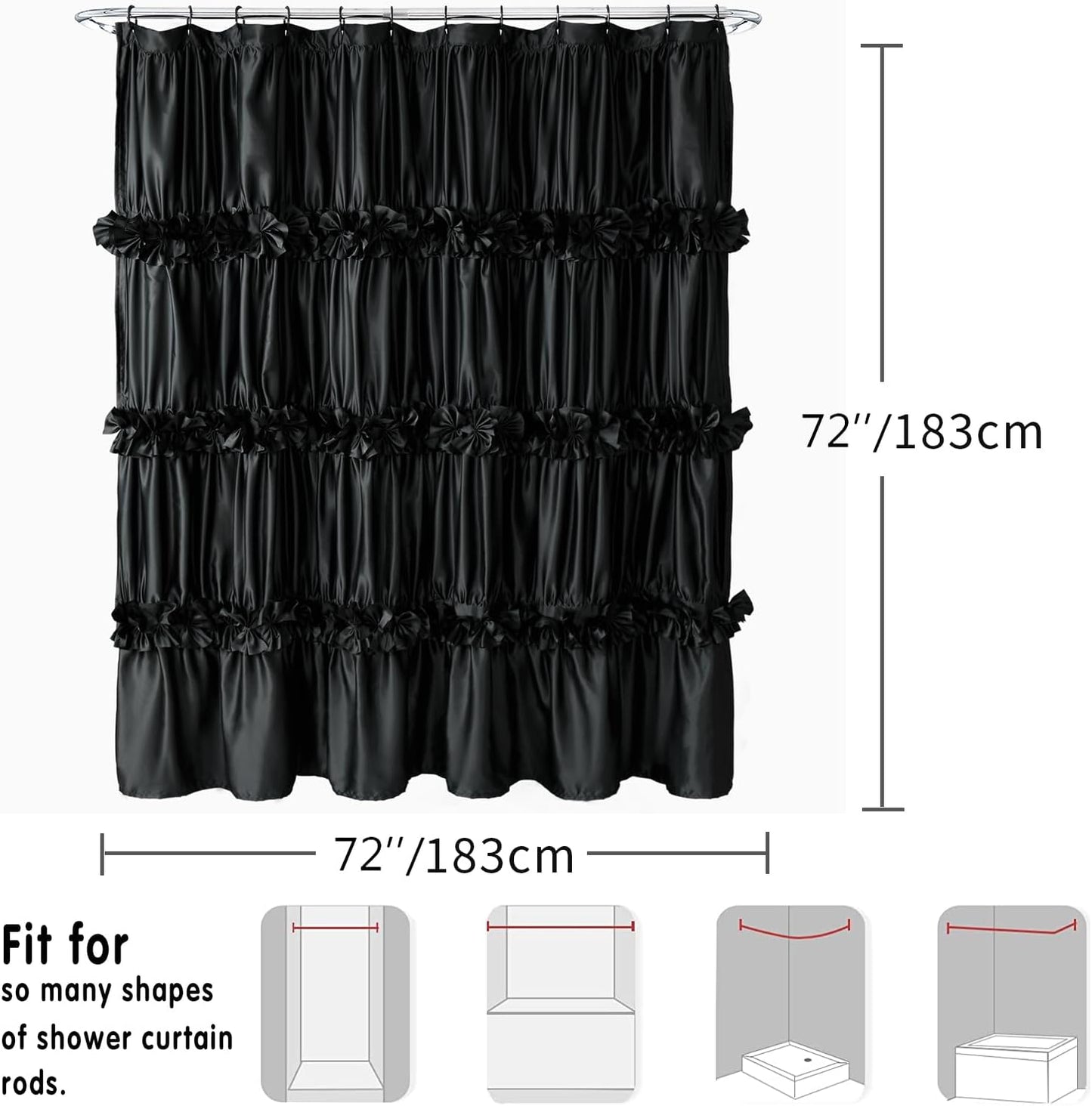 Black Ruffle Shower Curtain, Vintage Handcrafted Satin Curtain with 12 Buttonholes, 72" W X 72" H (LQ-10)