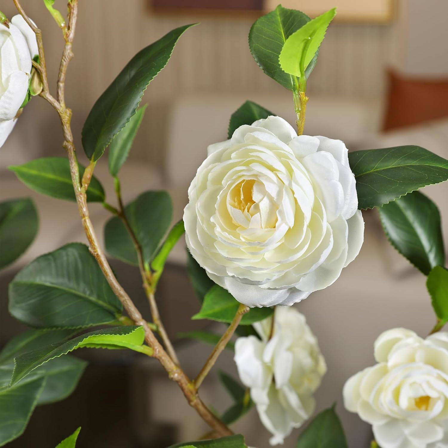 Artificial Camellia Tree, 4FT Faux Plant with Realistic White Silk Flower, Set of 1