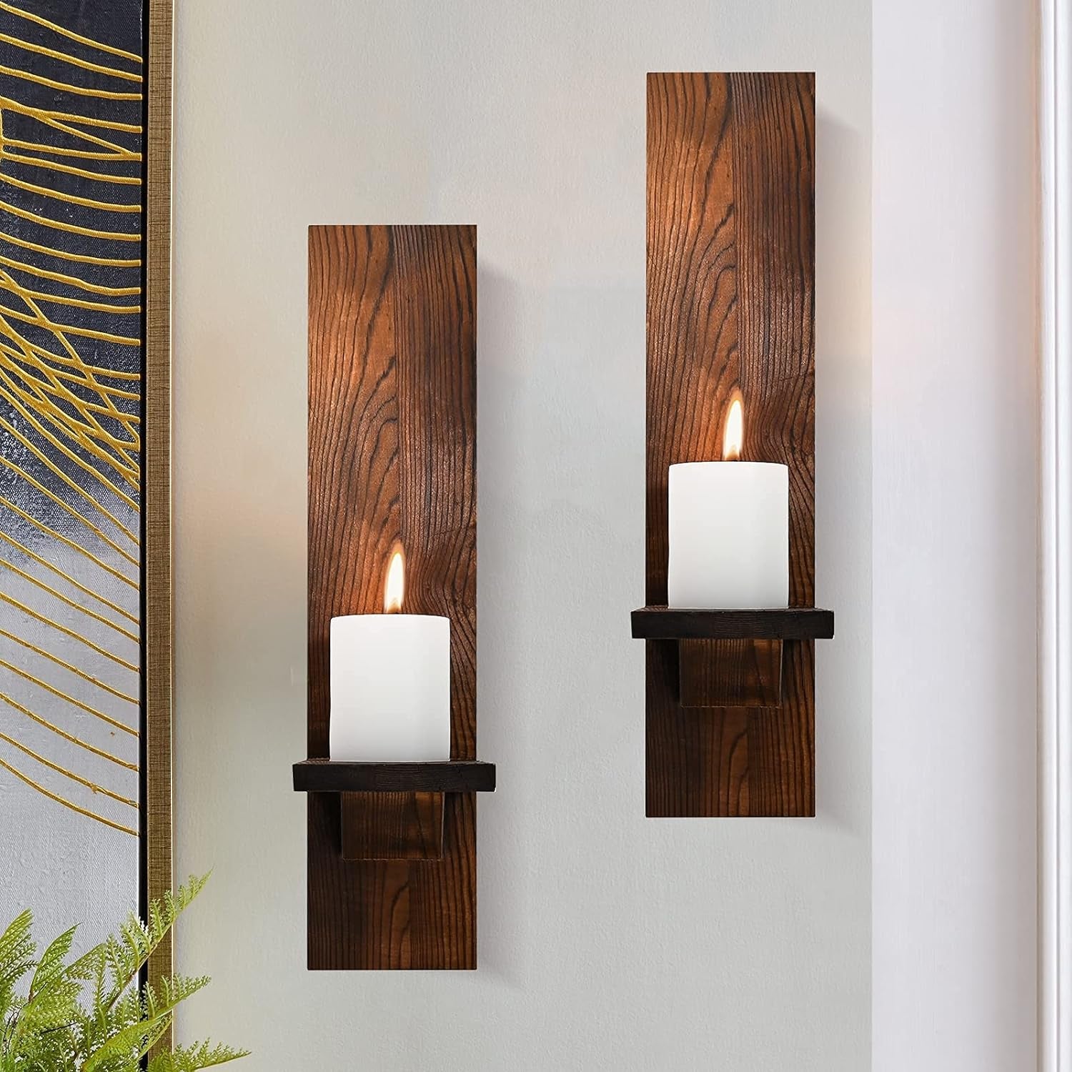 Wall Candle Sconces Set of 2, Decorative Wooden Candle Holder, Brown