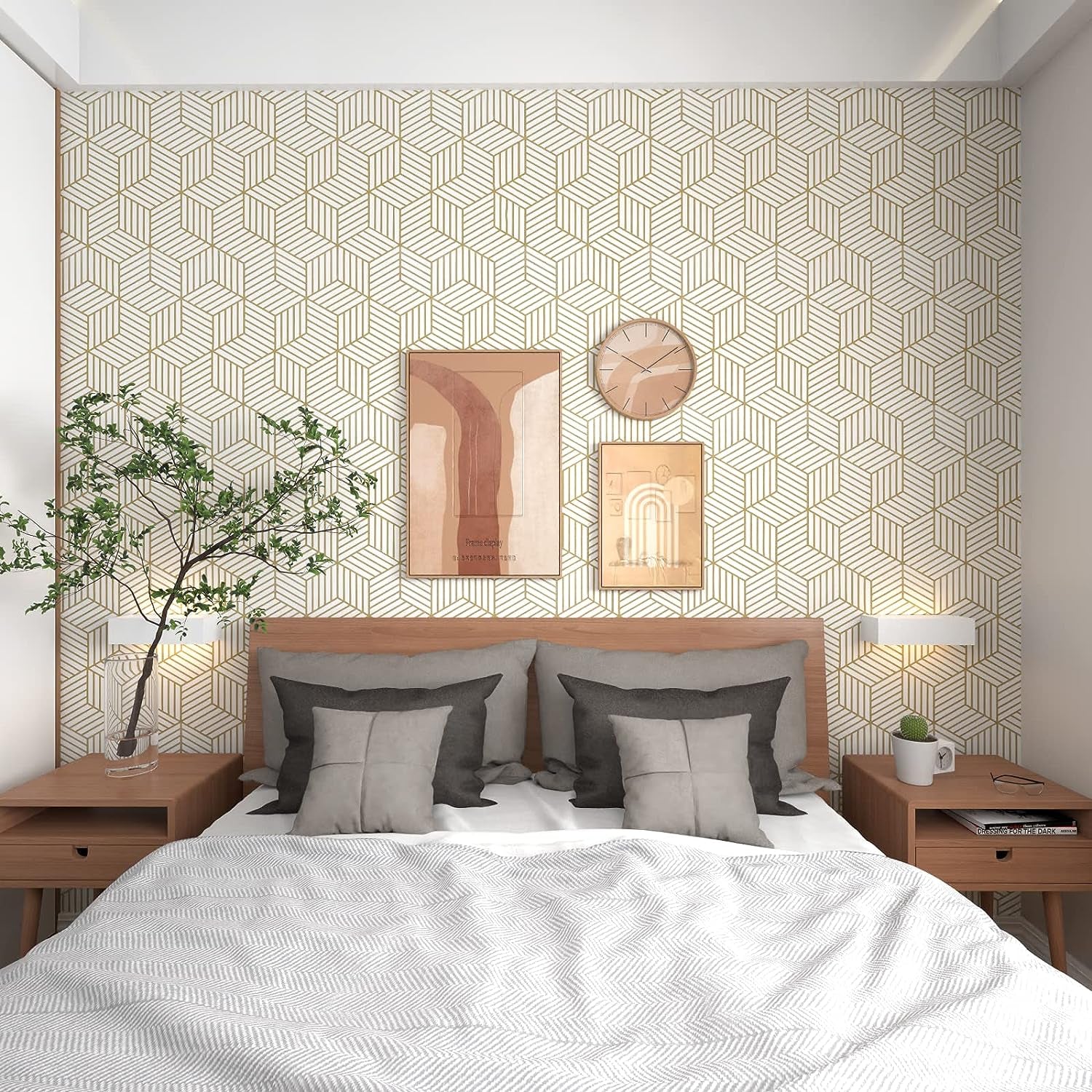 Gold and White Geometric Wallpaper Peel and Stick Hexagon 