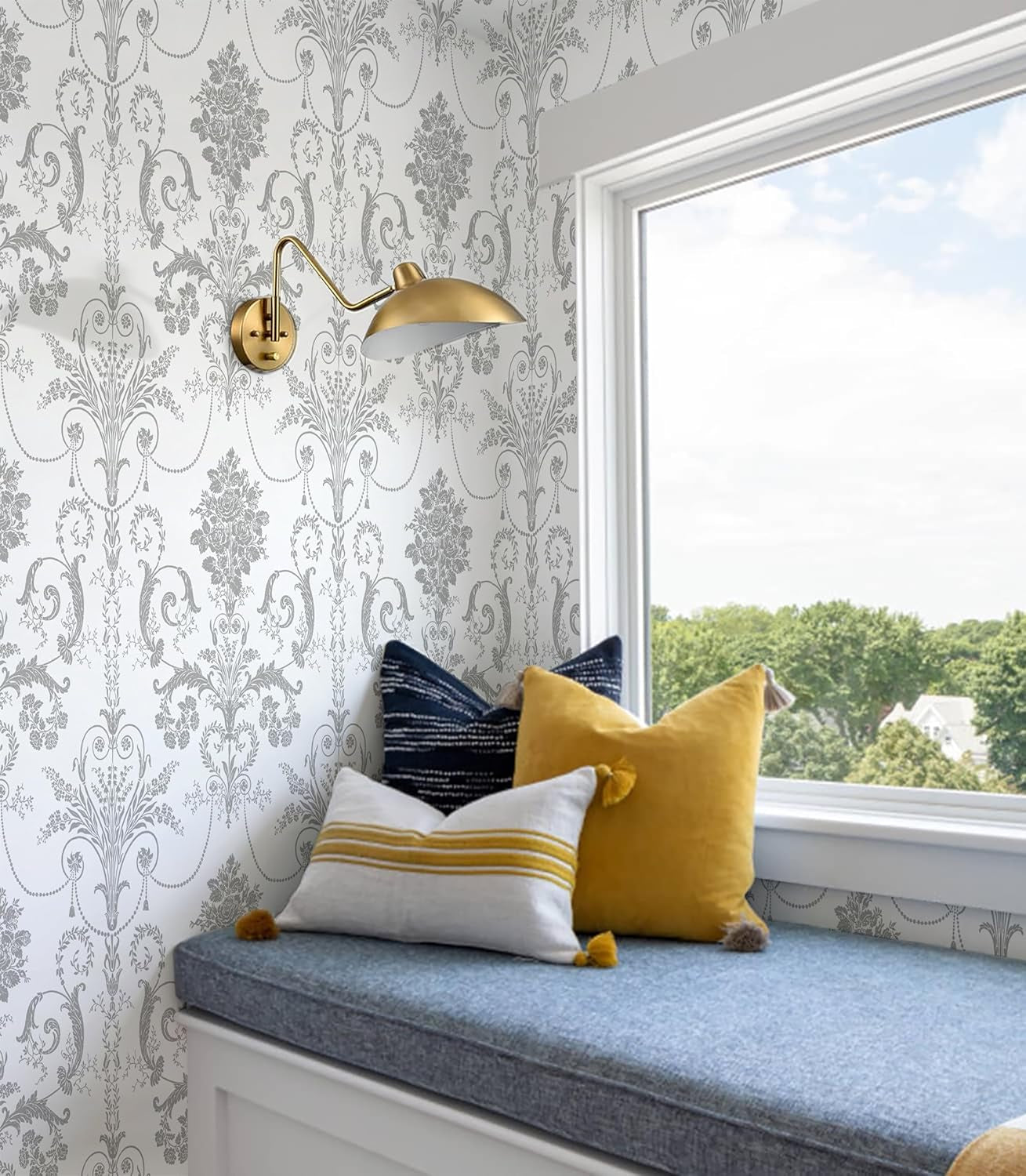 Silver Gray Damascus Wallpaper Floral Damask Peel and Stick Wallpaper Boho Grey Flower Contact Paper Removable 17.3" X 197"