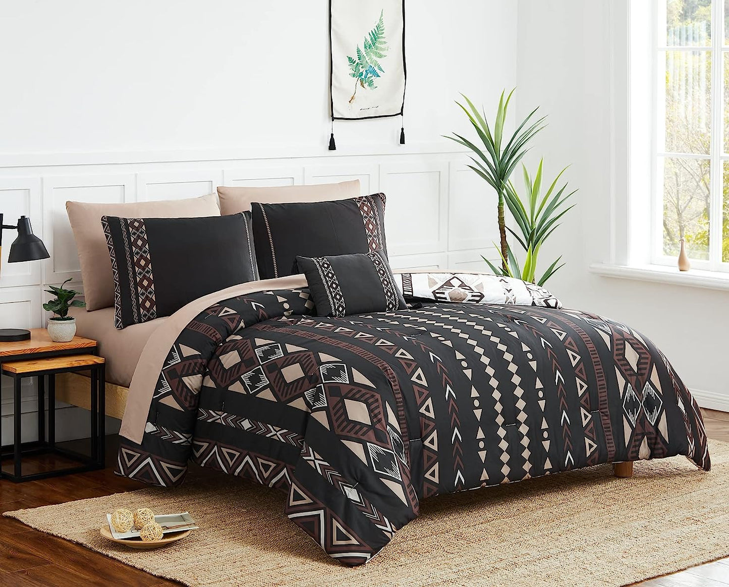 Boho Aztec Queen Size Comforter Set 8 Pieces, Lightweight, Warm and Breathable (Brown, 90"X90")