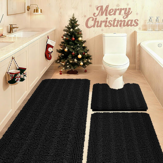 Striped, Black Bathroom Rug Set 3 Pieces Ultra Soft, Non-Slip Chenille Toilet Mat, Absorbent Plush Shaggy 