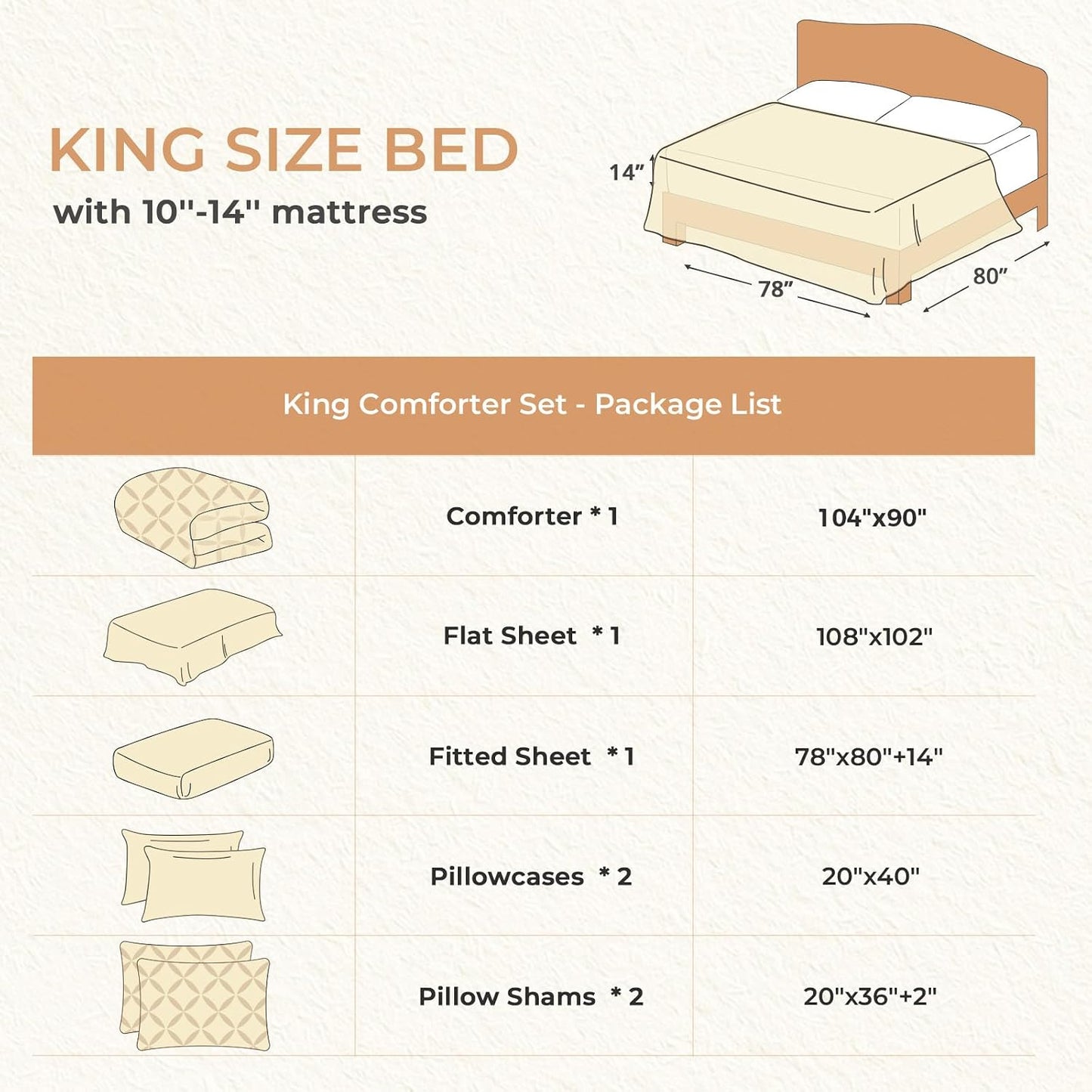 King Size Comforter Set, 7-Piece Bed in a Bag, Pintuck Bedding Set for All Season, Includes Comforter, Flat Sheet, Fitted Sheet, Pillowcases and Pillowshams, Beige