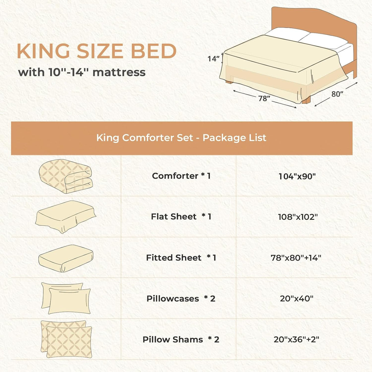 King Size Comforter Set, 7-Piece Bed in a Bag, Pintuck Bedding Set for All Season, Includes Comforter, Flat Sheet, Fitted Sheet, Pillowcases and Pillowshams, Beige