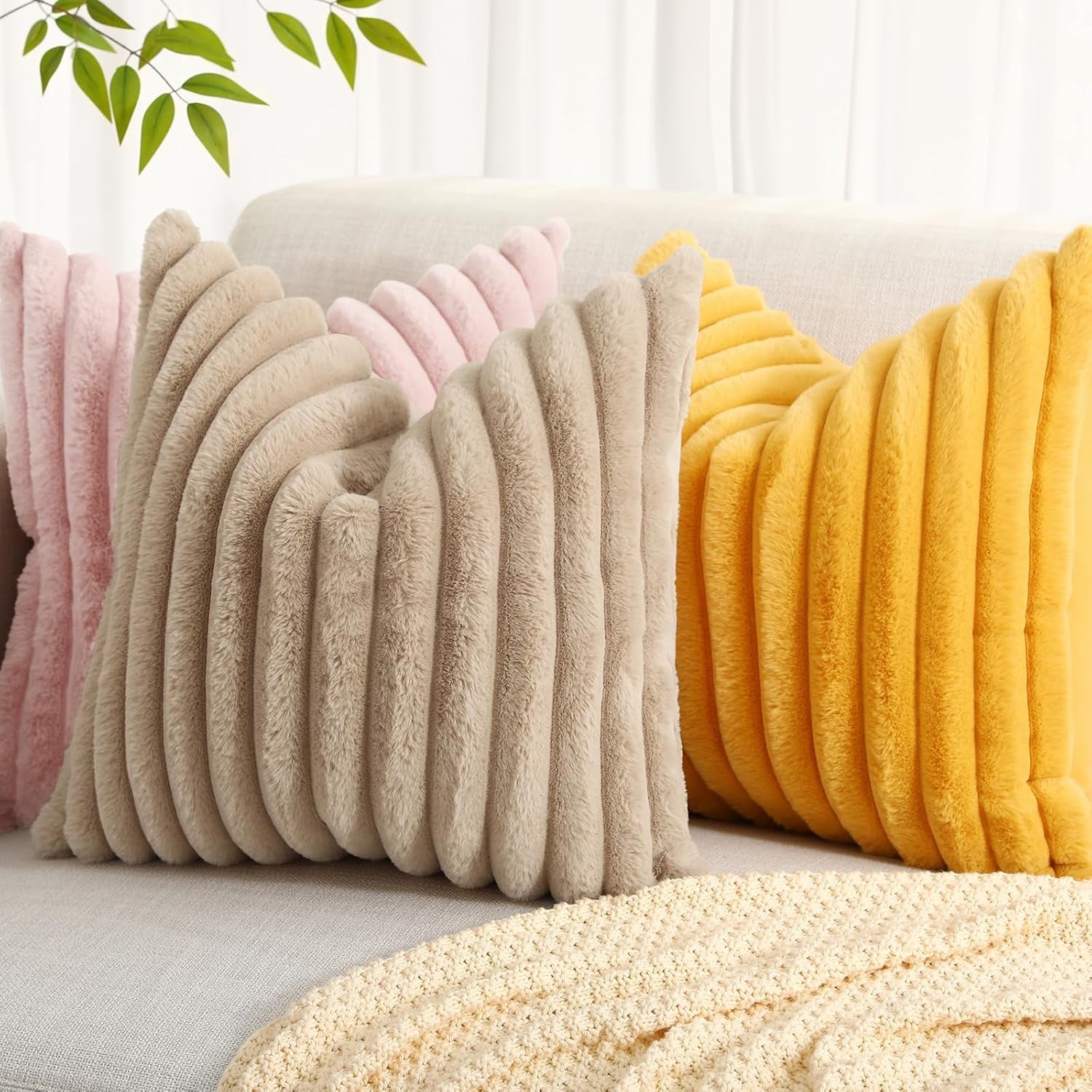 Faux Fur Throw Pillow Covers 18X18 Set of 2, Decorative Soft Plush Striped, Mustard Yellow
