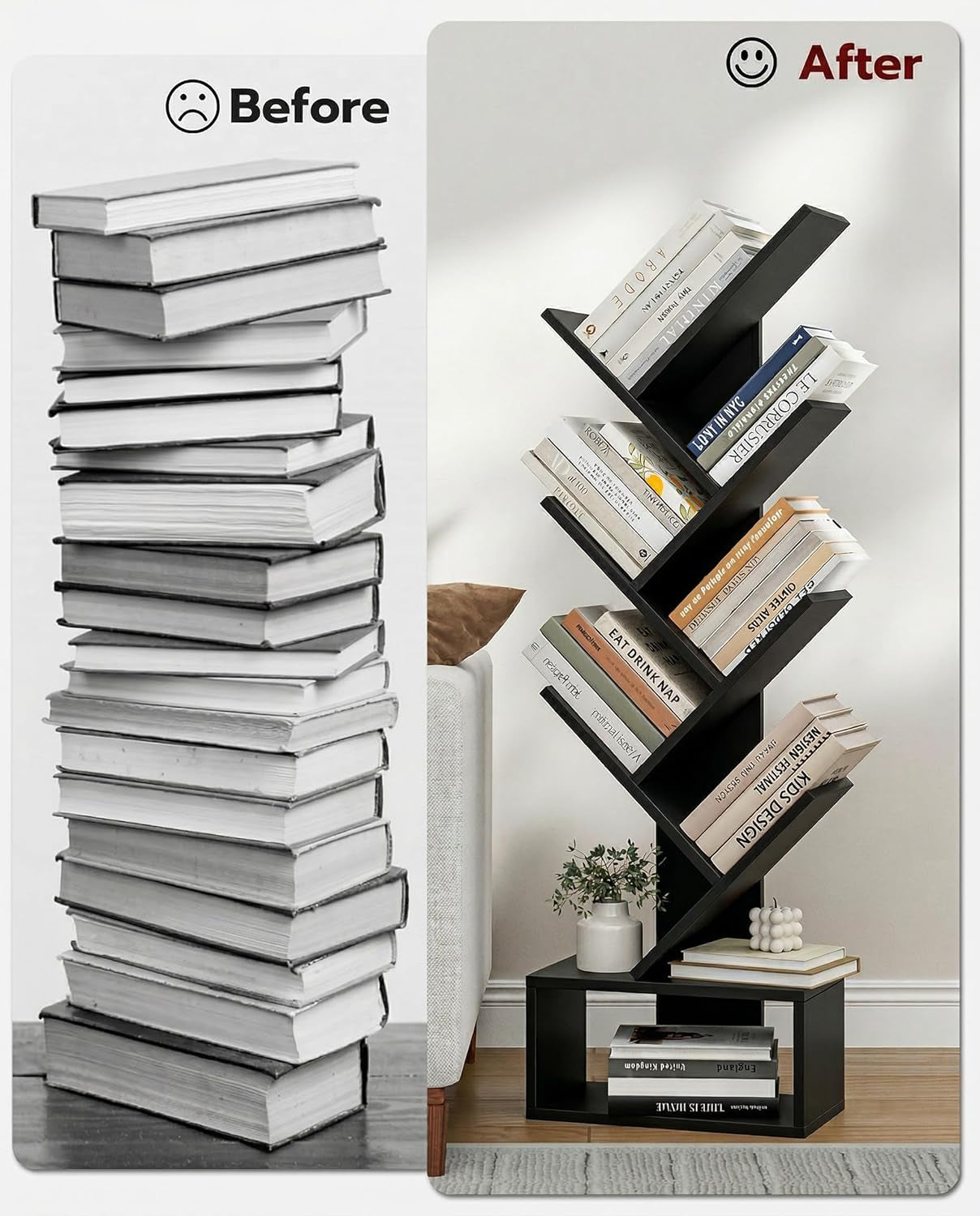 6 Tier Tree Book Shelf - Small Bookshelf Decor, Corner Bookshelf, Living Room Storage, Tall Narrow DVD & CD Shelf Storage Bookshelves, Black