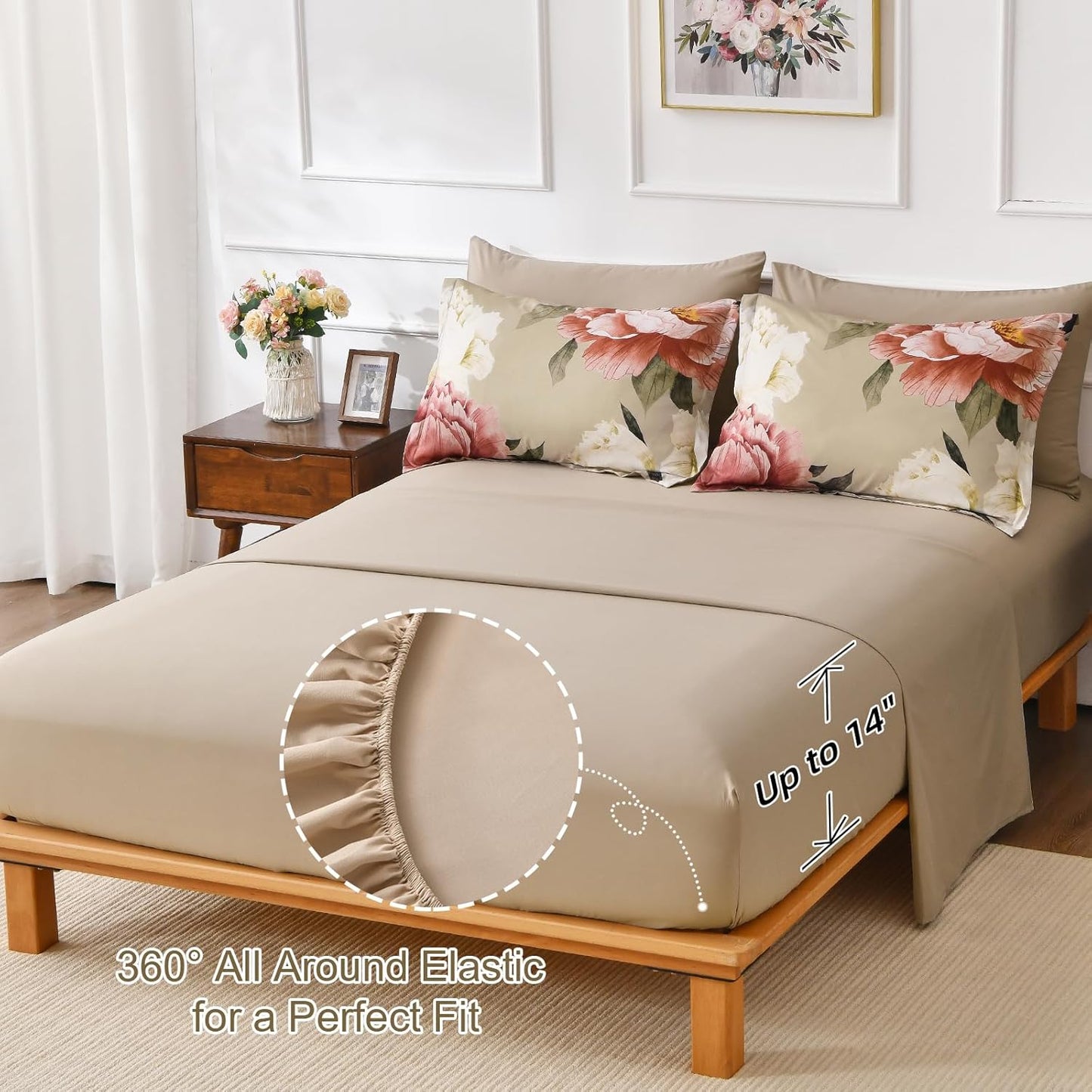 King Size Comforter Set 7 Piece Bed in a Bag, Pink Floral Printed on Khaki Comforter Set with Sheets, Set for All Season