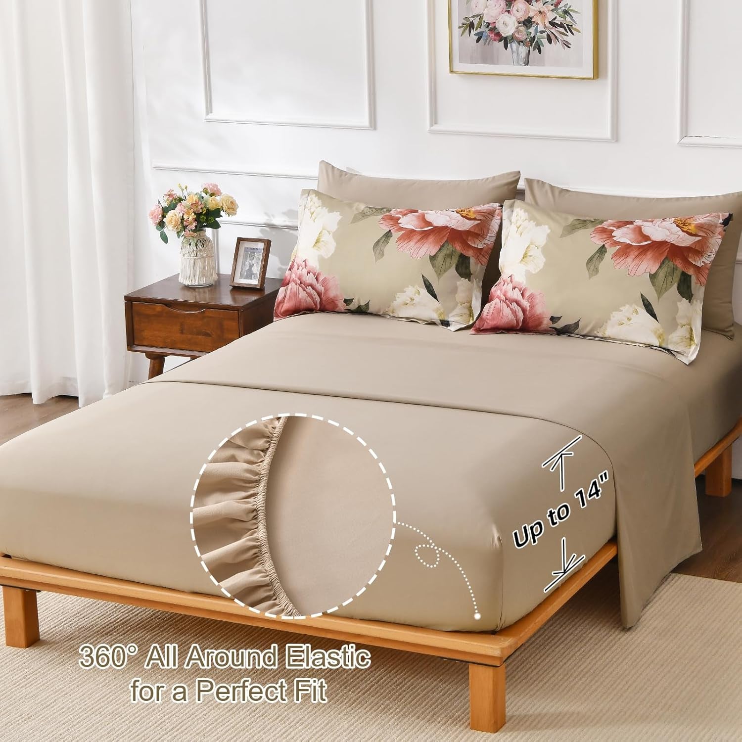 King Size Comforter Set 7 Piece Bed in a Bag, Pink Floral Printed on Khaki Comforter Set with Sheets, Set for All Season