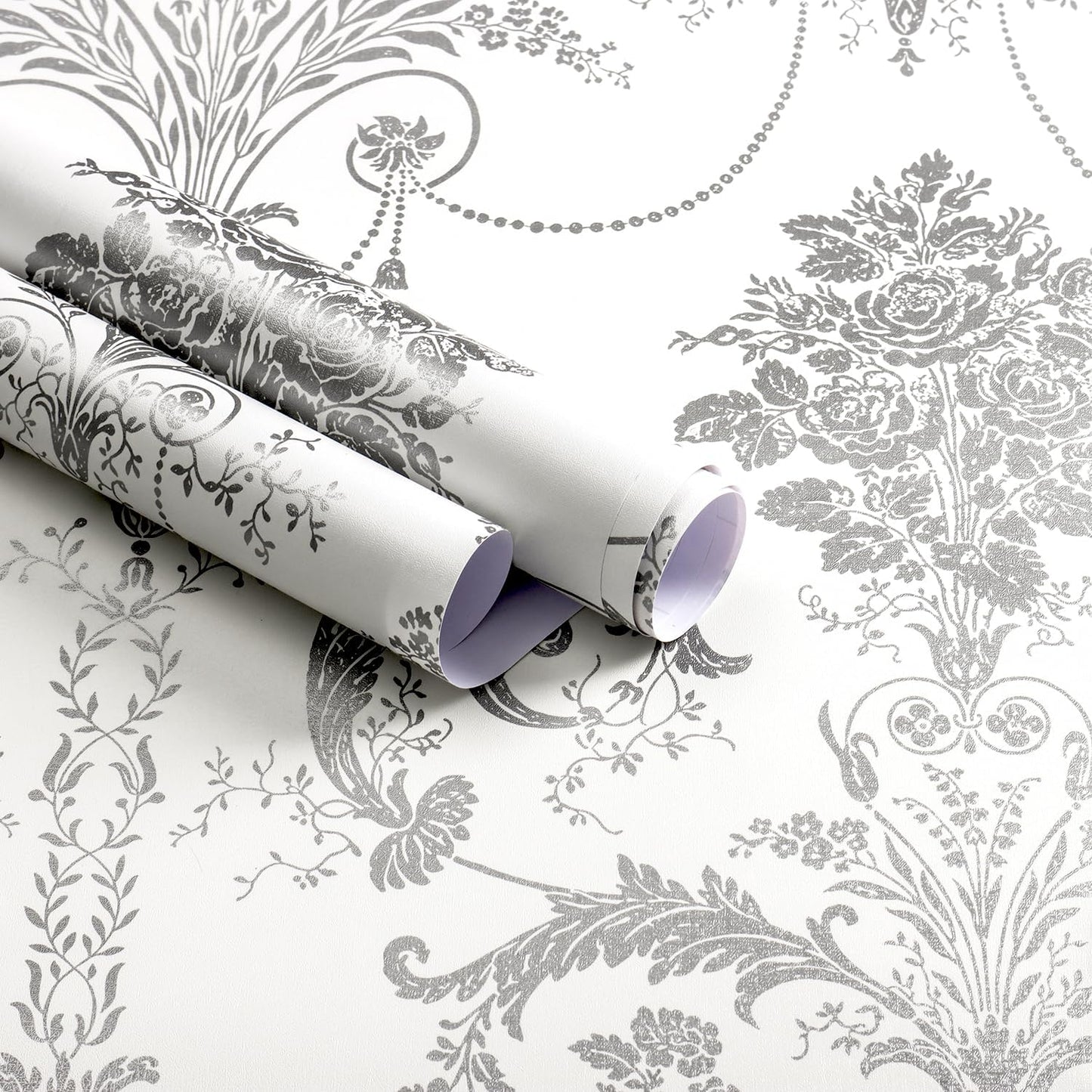 Silver Gray Damascus Wallpaper Floral Damask Peel and Stick Wallpaper Boho Grey Flower Contact Paper Removable 17.3" X 197"