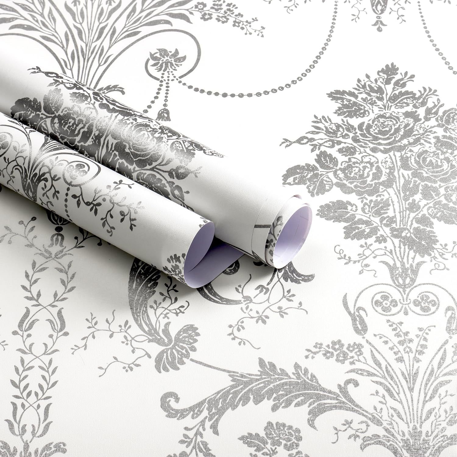 Silver Gray Damascus Wallpaper Floral Damask Peel and Stick Wallpaper Boho Grey Flower Contact Paper Removable 17.3" X 197"