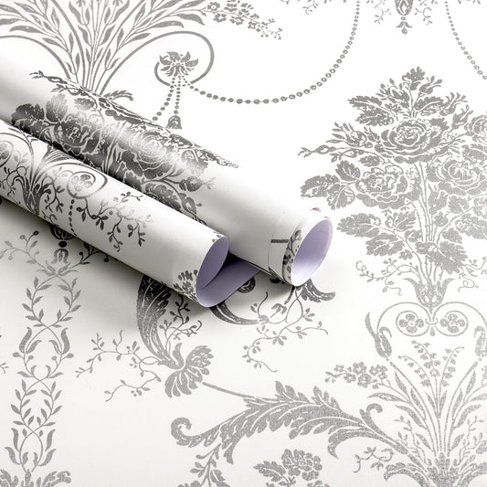 Silver Gray Damascus Wallpaper Floral Damask Peel and Stick Wallpaper Boho Grey Flower Contact Paper Removable 17.3" X 197"