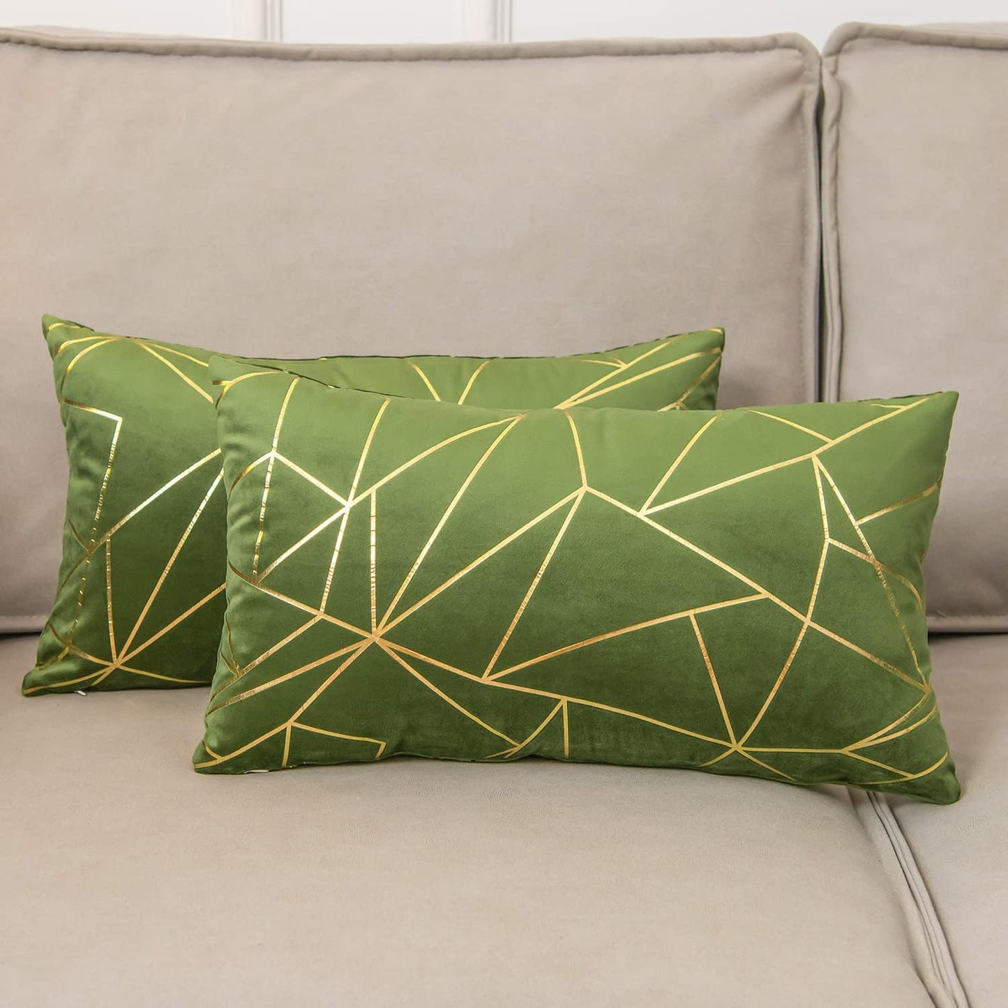 Pack of 2 Velvet Cushion Cases Decorative Gold Foil Geometric Pattern Throw Pillow Covers for Modern Homes Sofa Bedroom Couch Car Living Room Army Green and Gold 12" X 12”