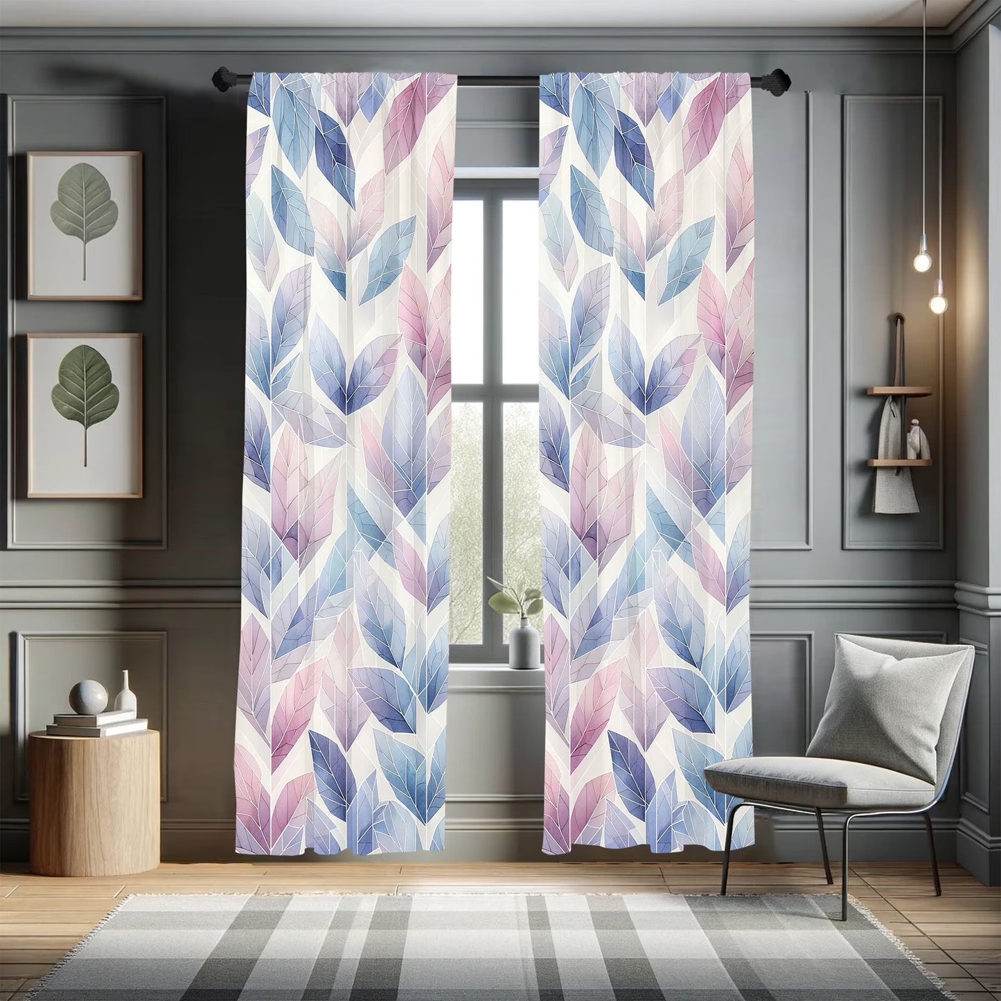 Leafy Art Curtains 2 Panel Set, Futurist Fractal Leaves, Pair of - 28" X 84", Lilac Lavender Blue Ivory