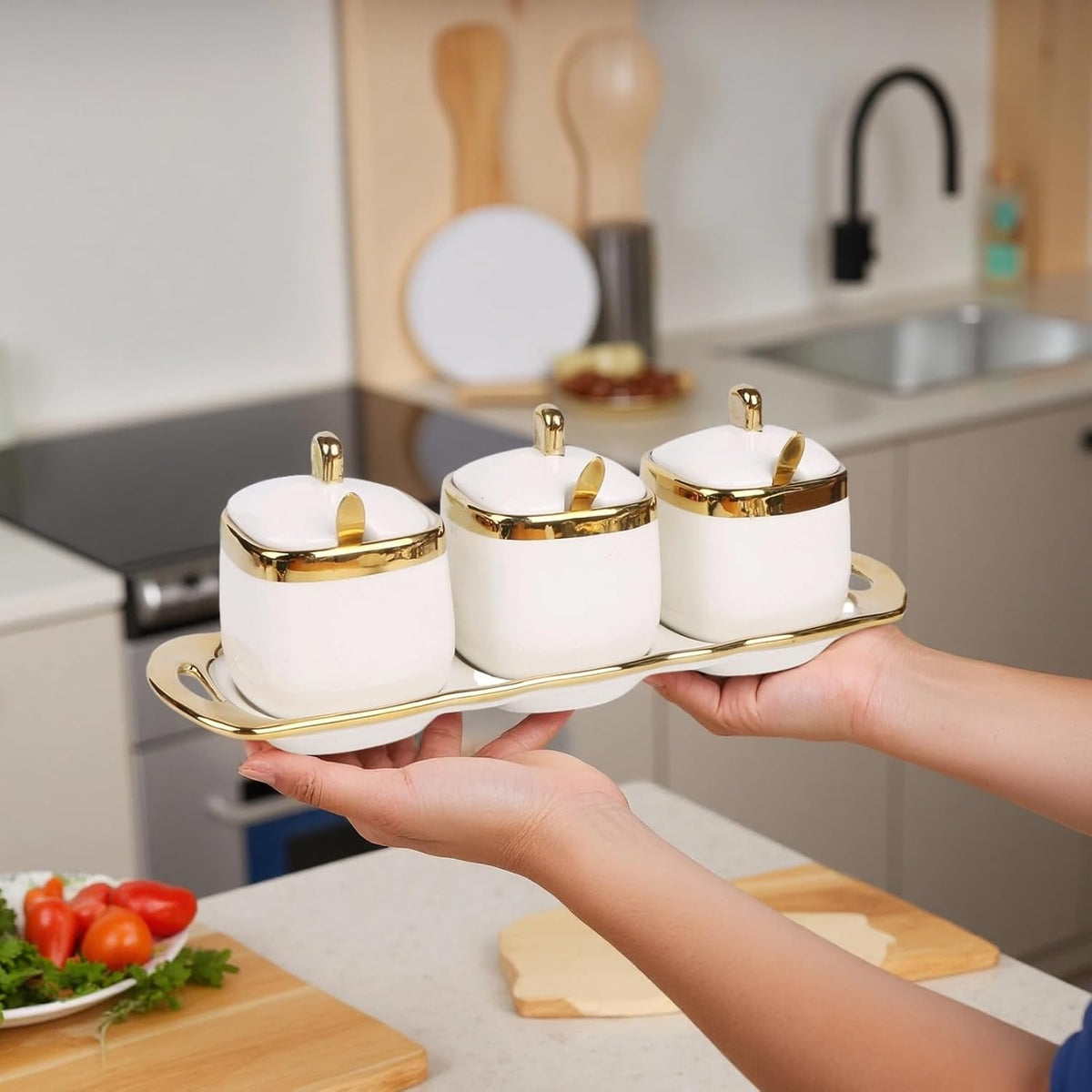Sugar Bowl with Lid and Spoon, Ceramic Spice Containers for Countertop, Salt and Coffee Sugar Container Set, White Seasoning Bowls, Gold Condiment Container Set of 3 for Kitchen Coffee Bar